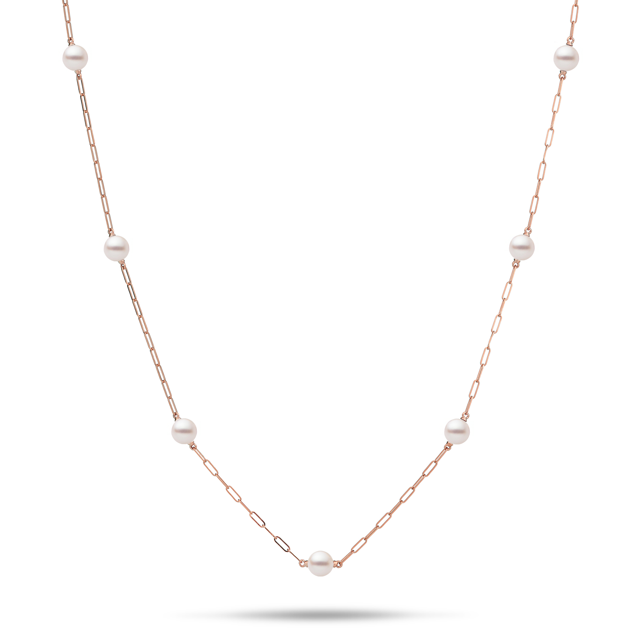 Adjustable 24" Akoya White Pearl Paperclip Chain Necklace in Rose Gold