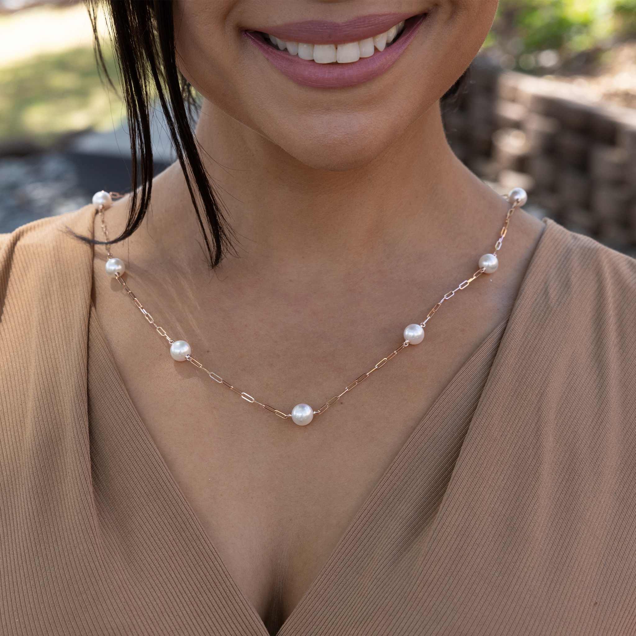 Adjustable 24" Akoya White Pearl Paperclip Chain Necklace in Rose Gold