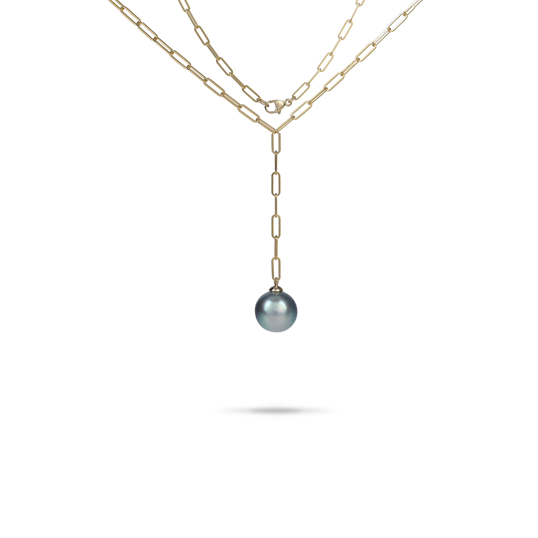 18" Tahitian Black Pearl Y Necklace in Gold - 12-14mm
