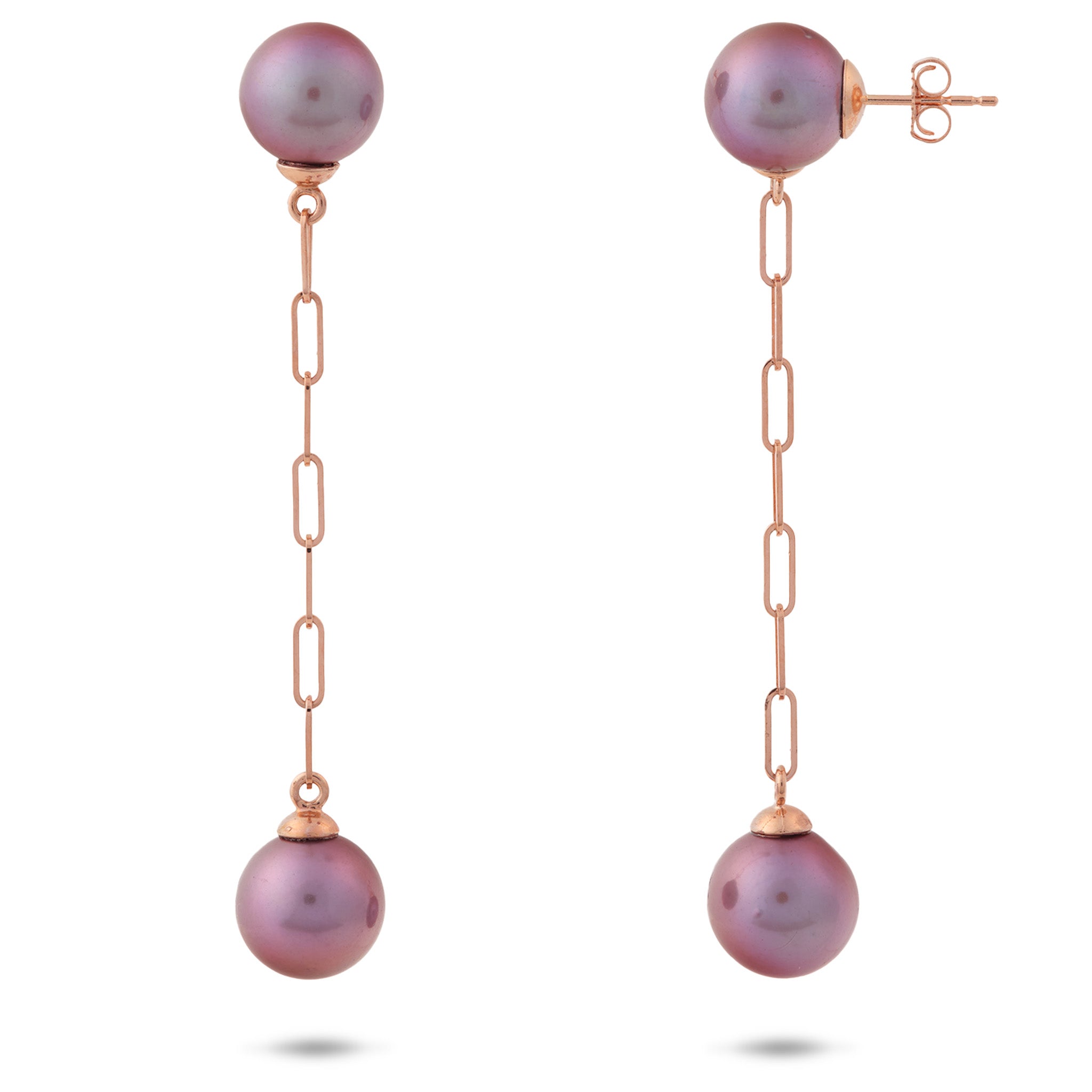 9-10mm Freshwater Ultraviolet Pearl Paperclip Chain Earrings in 14k Rose Gold