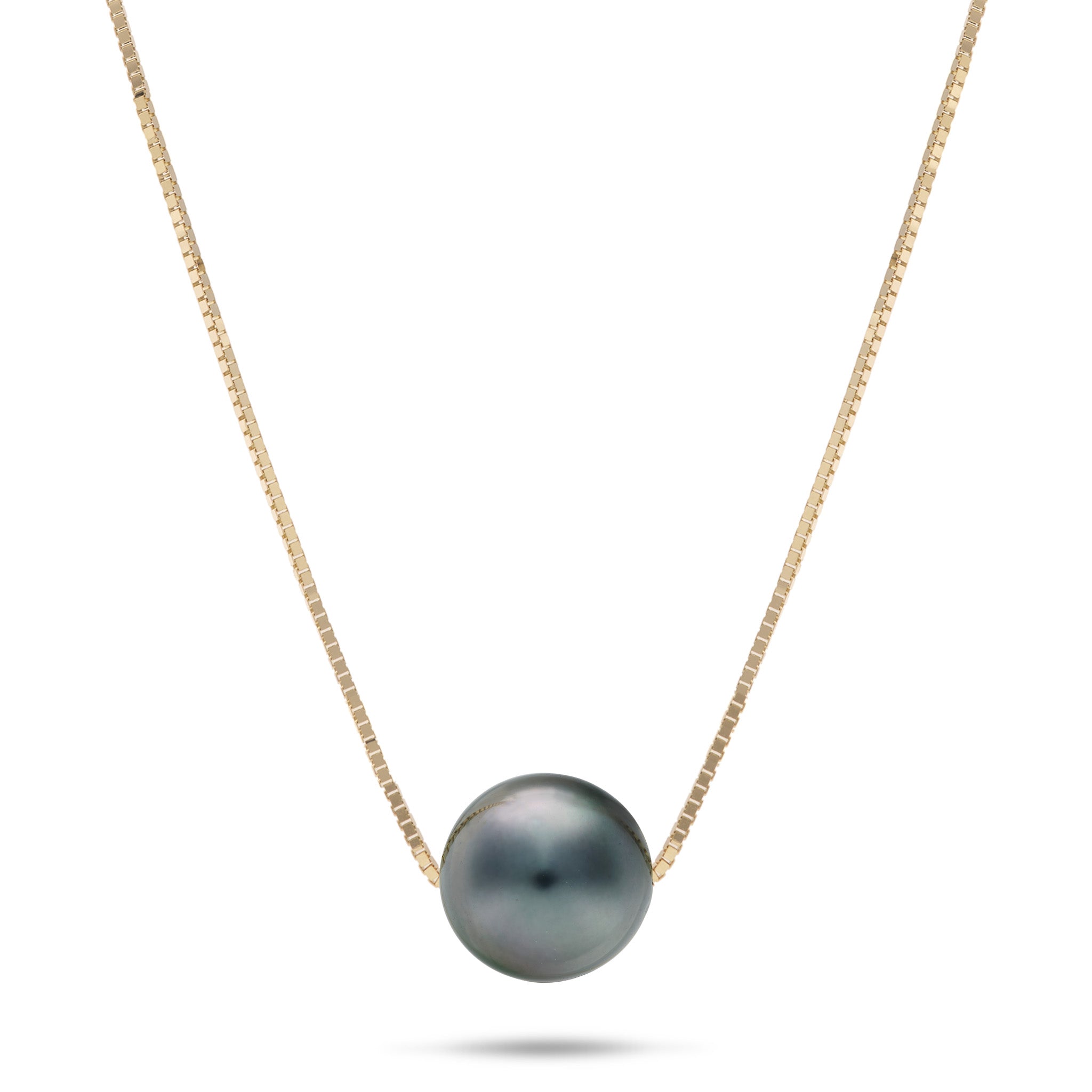 0.8mm Box Chain Necklace in 14k Yellow Gold with a Sliding 9-10mm Tahitian Black Pearl on a white background