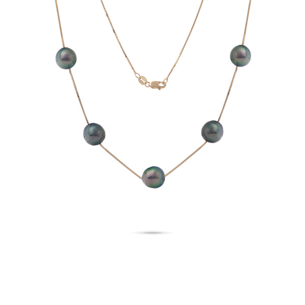 18" Tahitian Black Pearl Necklace in Gold - 9-10mm