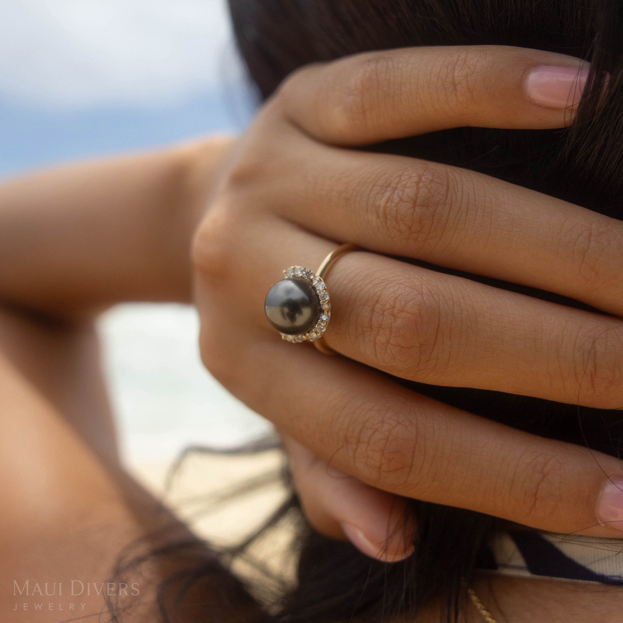 Plumeria Tahitian Black Pearl Ring in Gold with Diamonds - 9-10mm