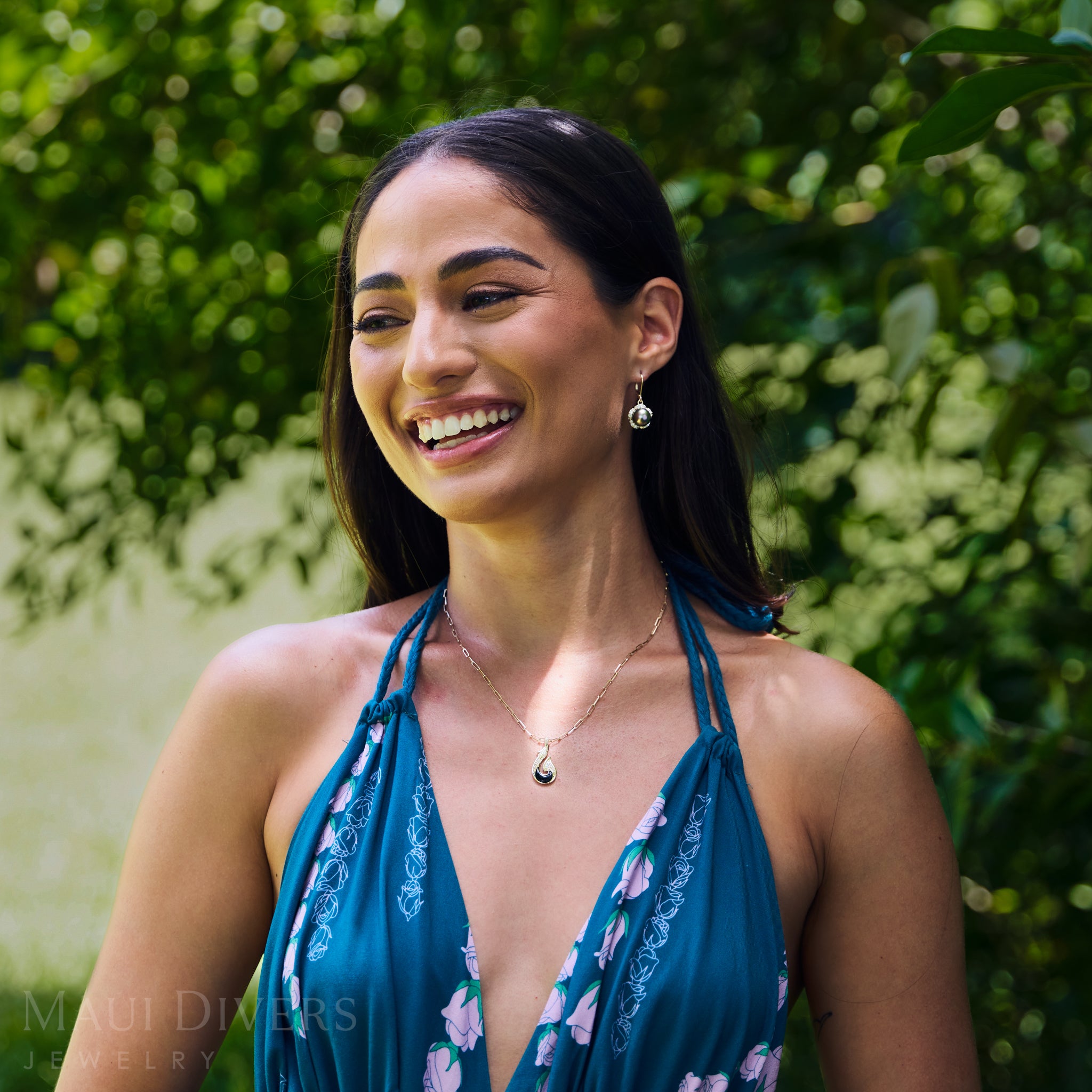 Plumeria Tahitian Black Pearl Earrings in Gold with Diamonds - 9-10mm