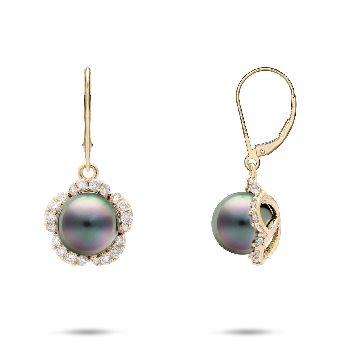 A pair of 14k yellow gold leverback earrings with Tahitian black pearls and a frame of diamonds around the pearl in a. plumeria flower formation, shown on a white background with a front and side profile view