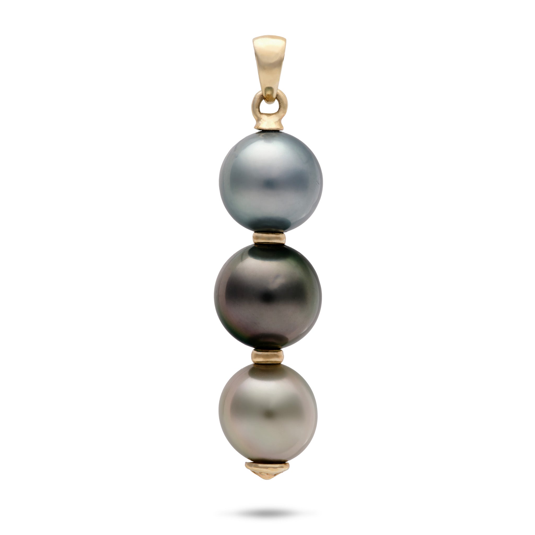 Three Tahitian Black Pearl Drop Pendant in 14k Yellow Gold on a white background
