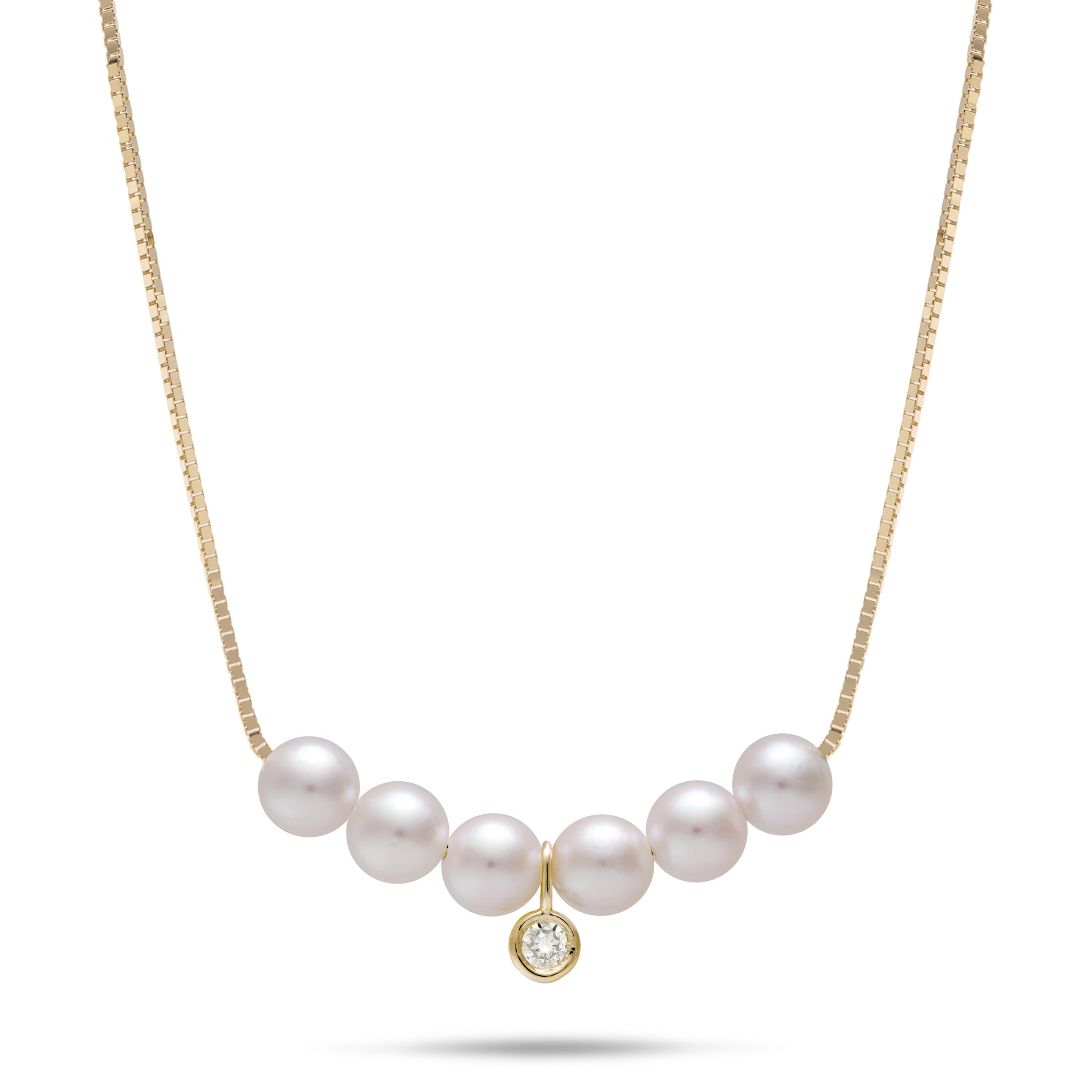 A 14k yellow gold 0.8mm Box Chain necklace featuring six 4.5-5mm white freshwater pearls, with a small bezel-set round diamond pendant hanging from the center, shown against a plain white background