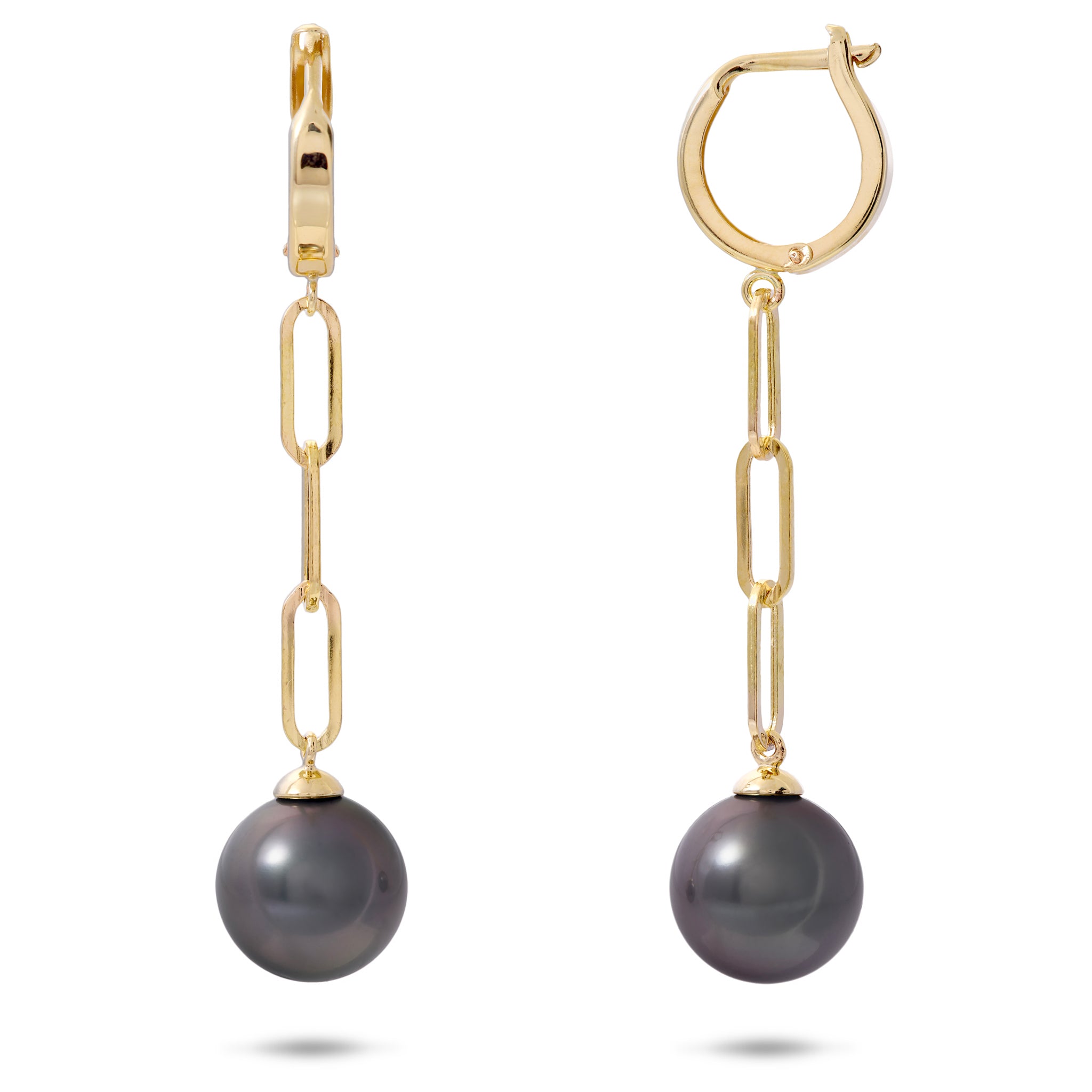 Tahitian Black Pearl Paperclip Chain French Clip Earrings in Gold