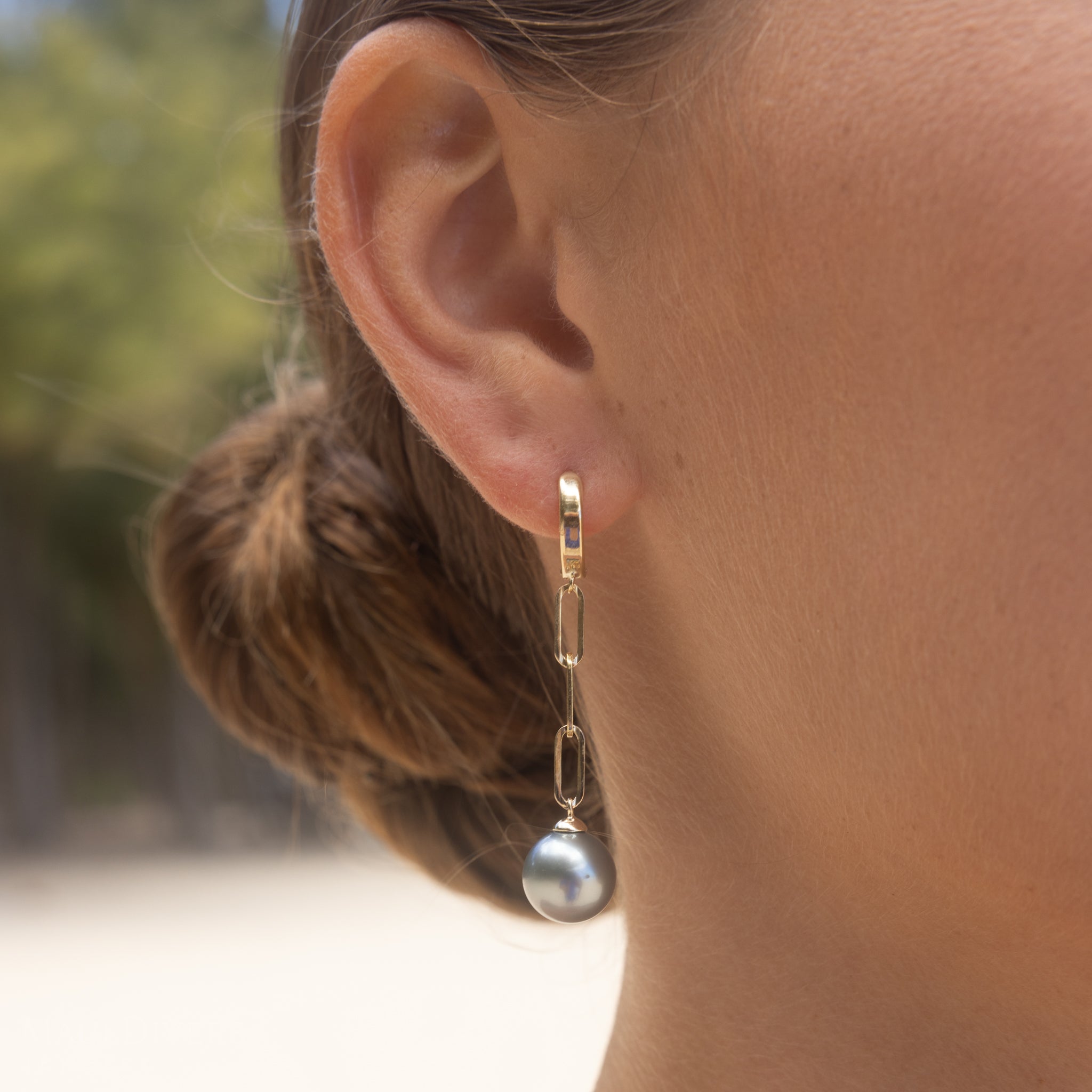 Tahitian Black Pearl Paperclip Chain Earrings in Gold - 10-11mm