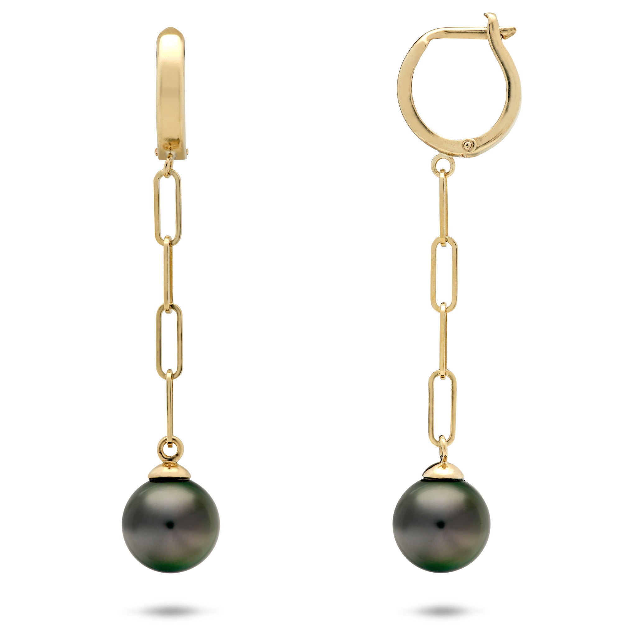 Tahitian Black Pearl Paperclip Chain French Clip Earrings in Gold