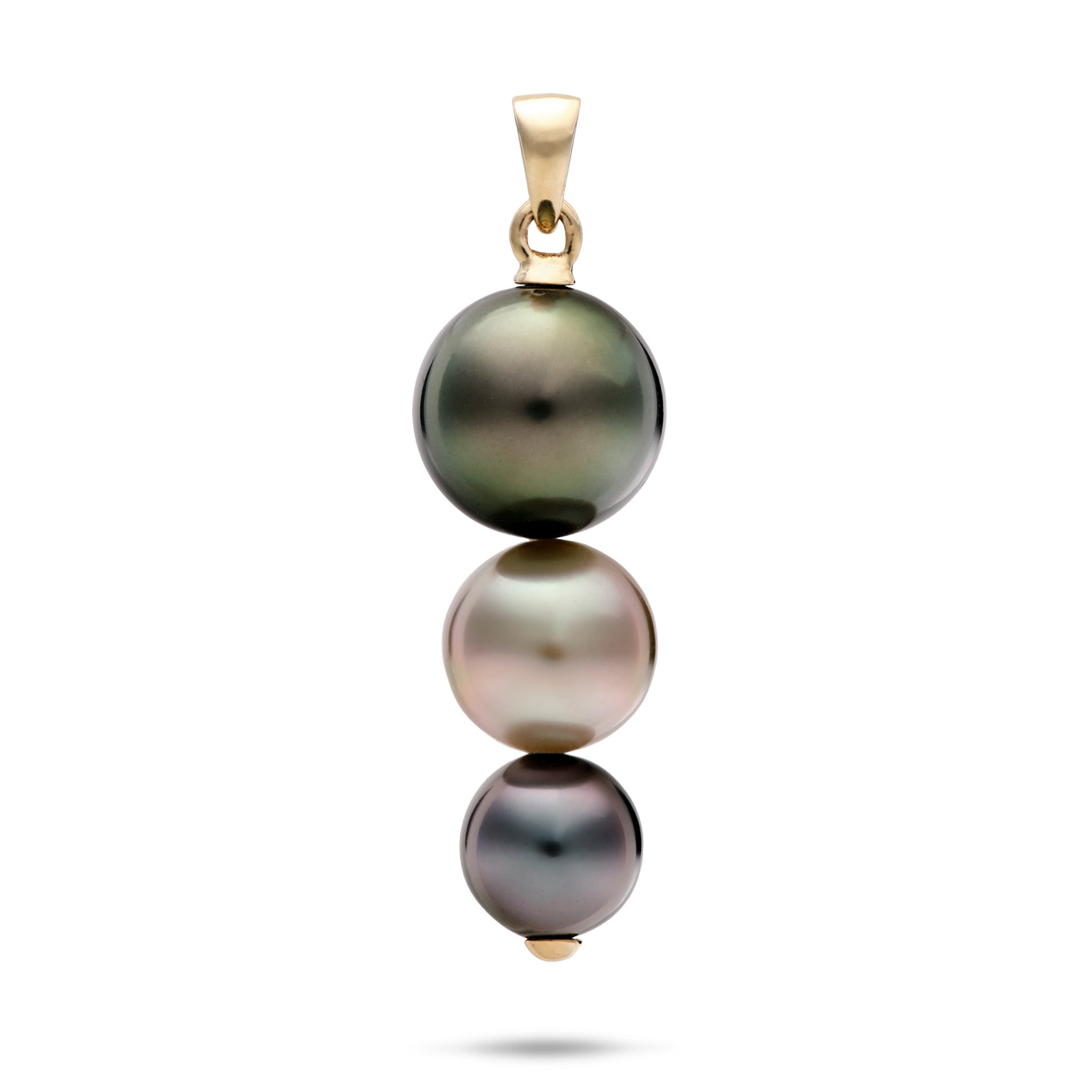 14k Yellow Gold Drop Pendant with three 10-13mm Tahitian black pearls on a white background
