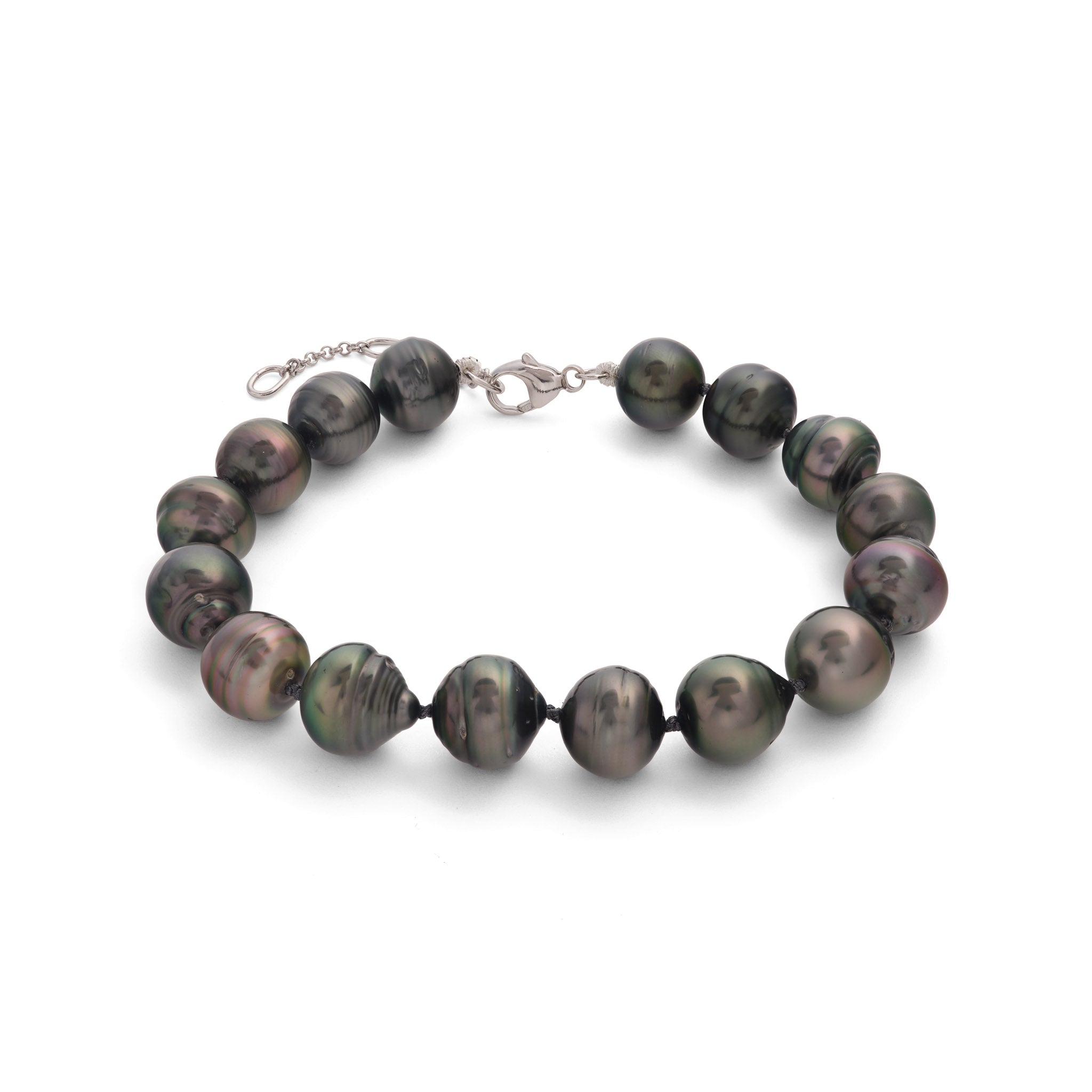 7.5-9" Adjustable Tahitian Black Pearl Bracelet in White Gold - 10-12mm