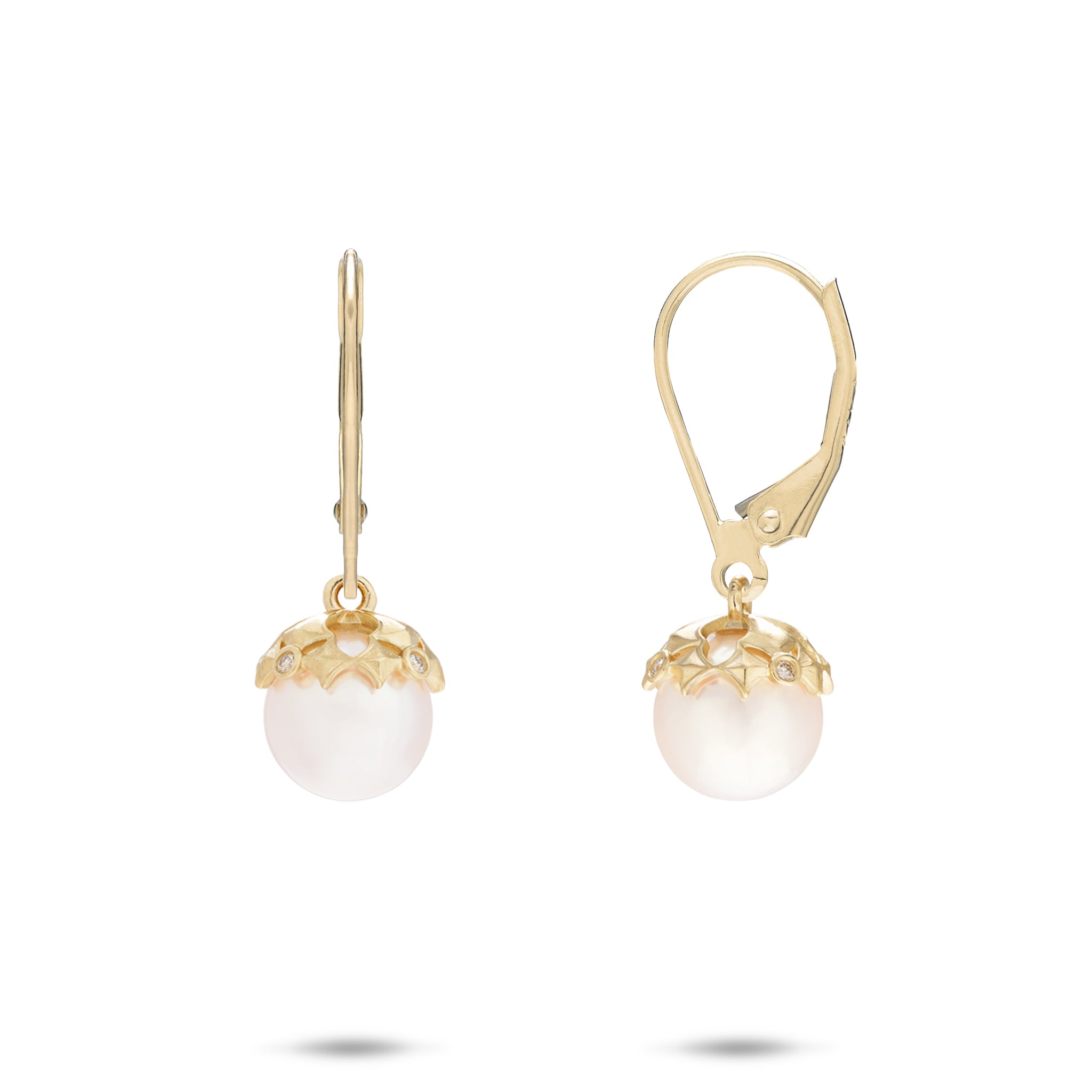 Hawaiian Quilted Star Akoya White Pearl Earrings in Gold - 8mm