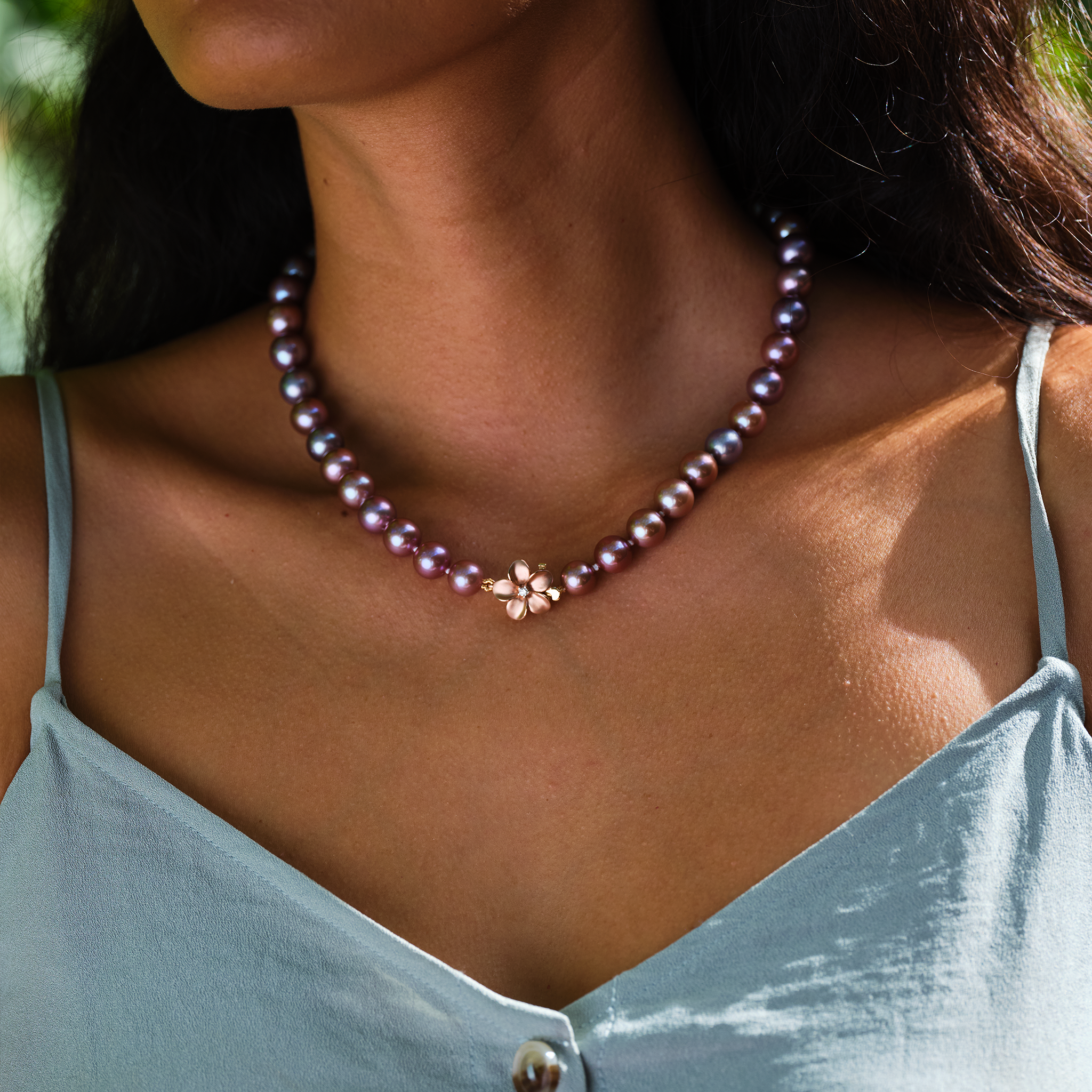 19.25" Freshwater Pearl Strand with Diamond Plumeria Clasp in Rose Gold - 9-13mm