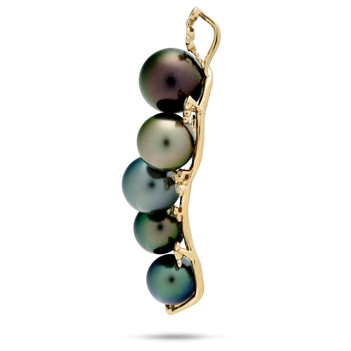Side view of a vertical, wavy bubble-inspired 14k gold pendant featuring five varying sizes of Tahitian black pearls with iridescent dark green and blue-black overtones, each accented with small bubbling-like diamonds, set against a plain white background.