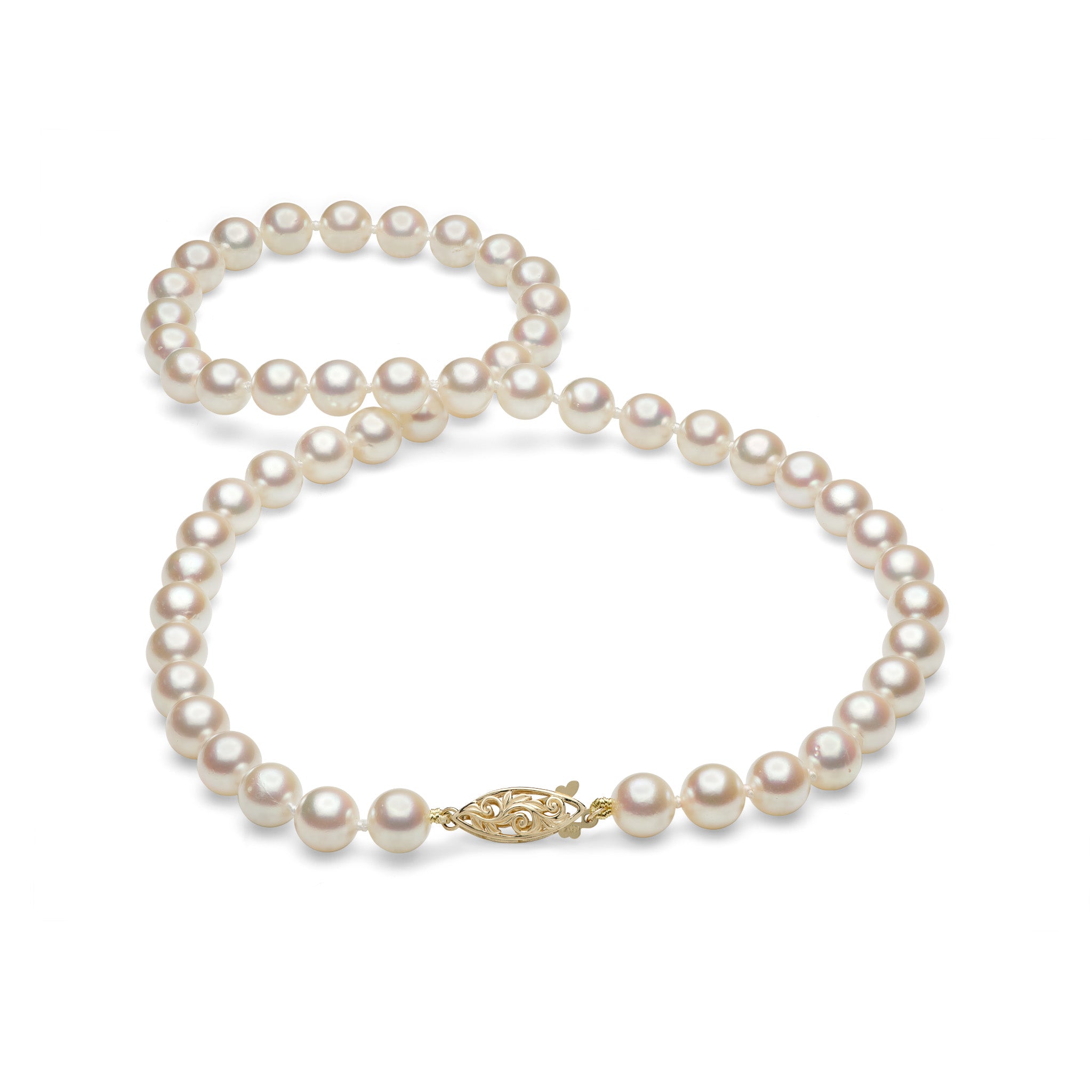 18-19" 7.5-8mm Akoya White Pearl Strand with 14k Yellow Gold Clasp on a white background