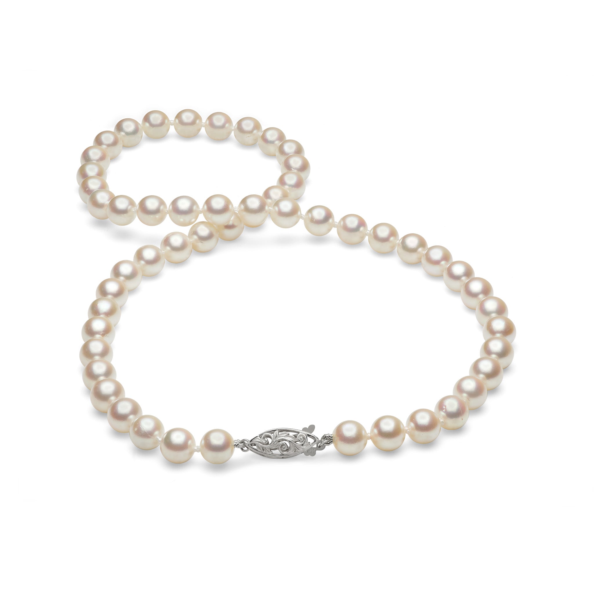 18-19" 7.5-8mm Akoya White Pearl Strand with 14k White Gold clasp on a white background