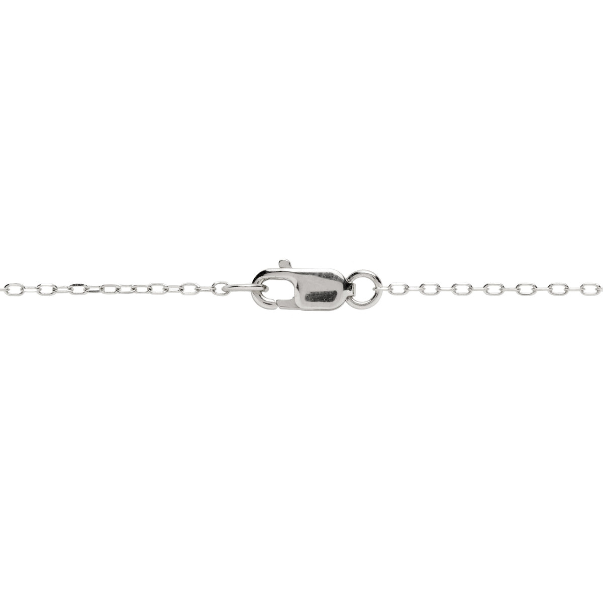 Detail shot of a 0.8mm cable chain with a lobster claw clasp, shown on a white background