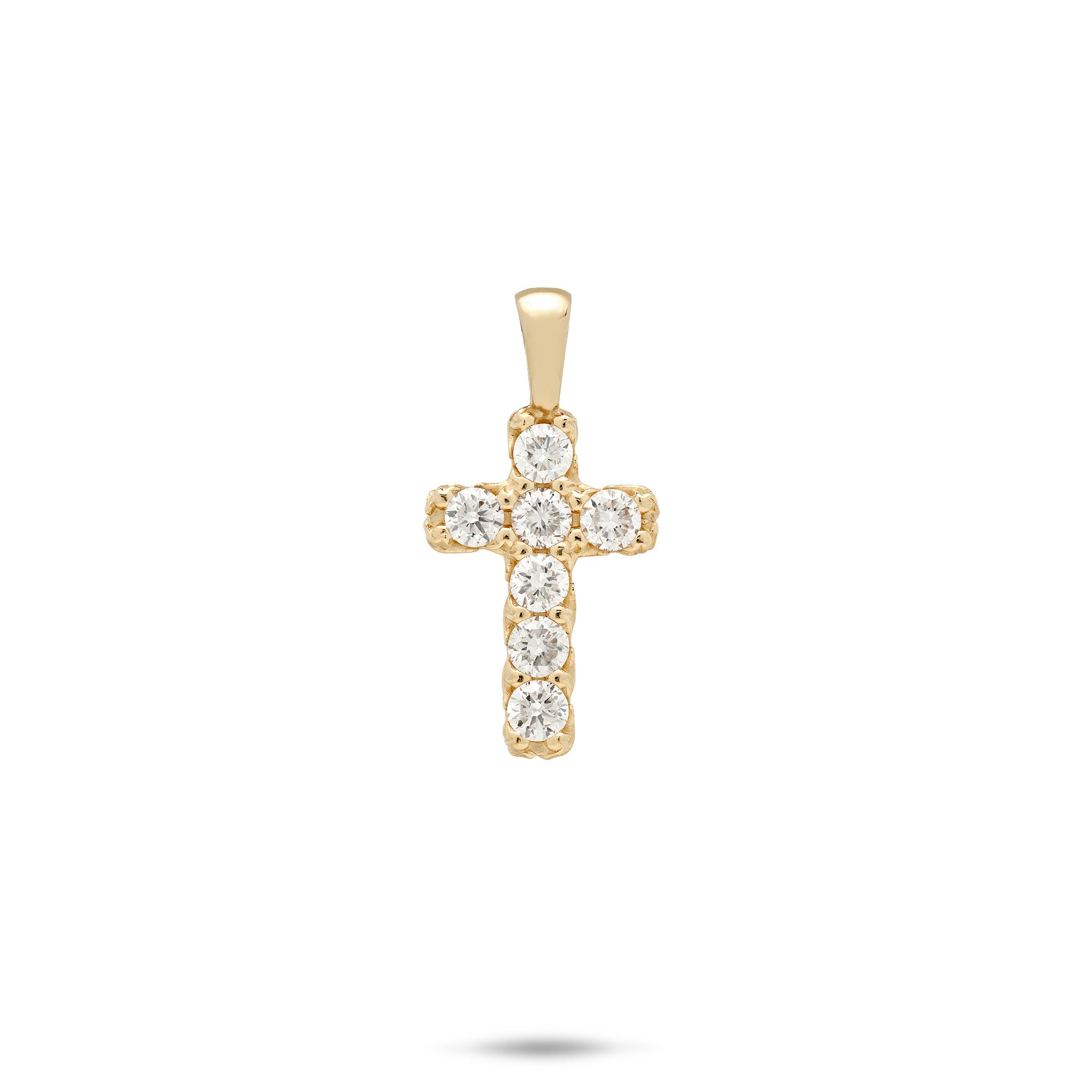 Hidden Hawaiʻi Maile Leaf Cross Pendant with Lab Grown Diamonds set in 14k yellow gold on a white background