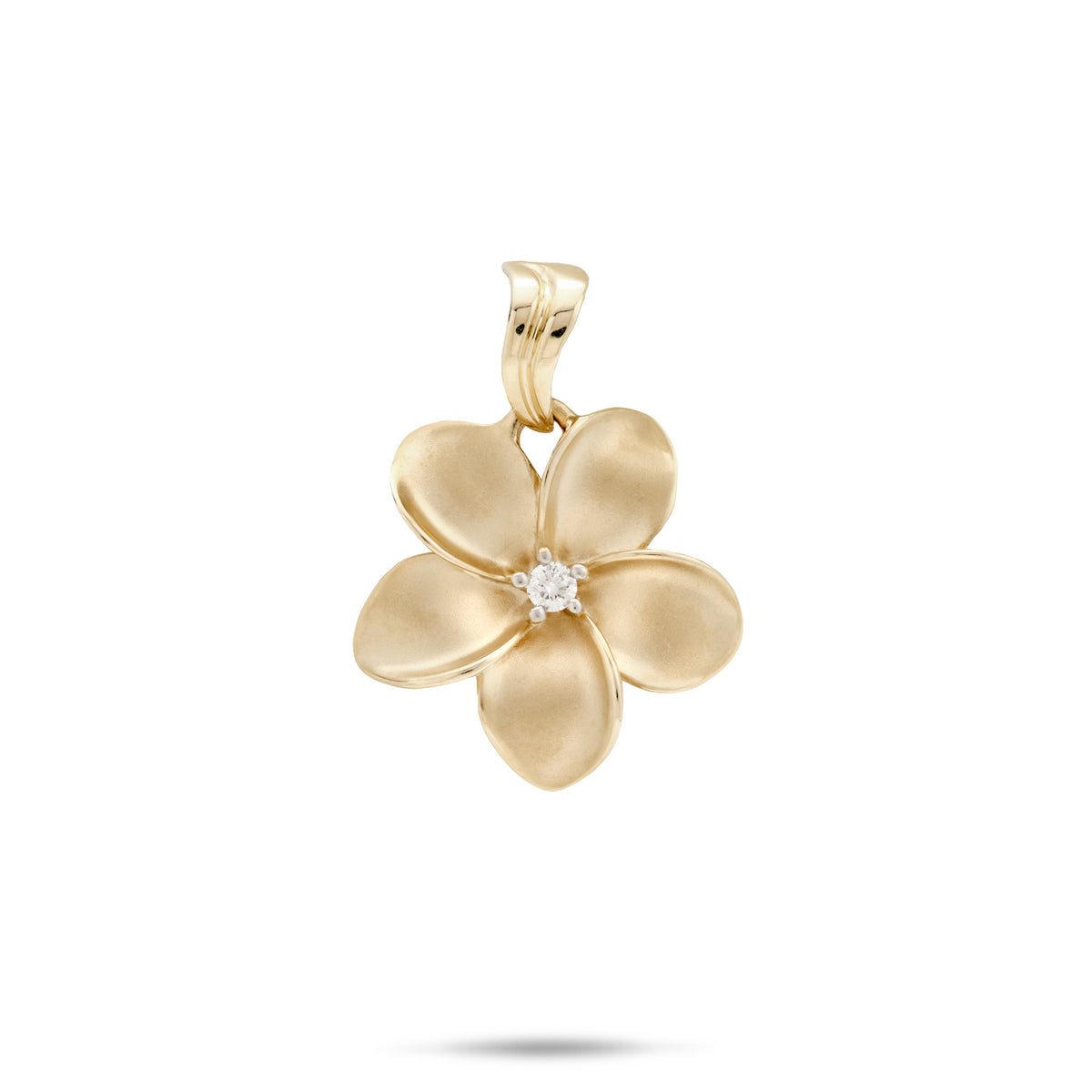 An 18mm 14k yellow gold Plumeria flower pendant with five petals, a diamond at the center, and a wavy high-polish bail, shown on a plain white background.