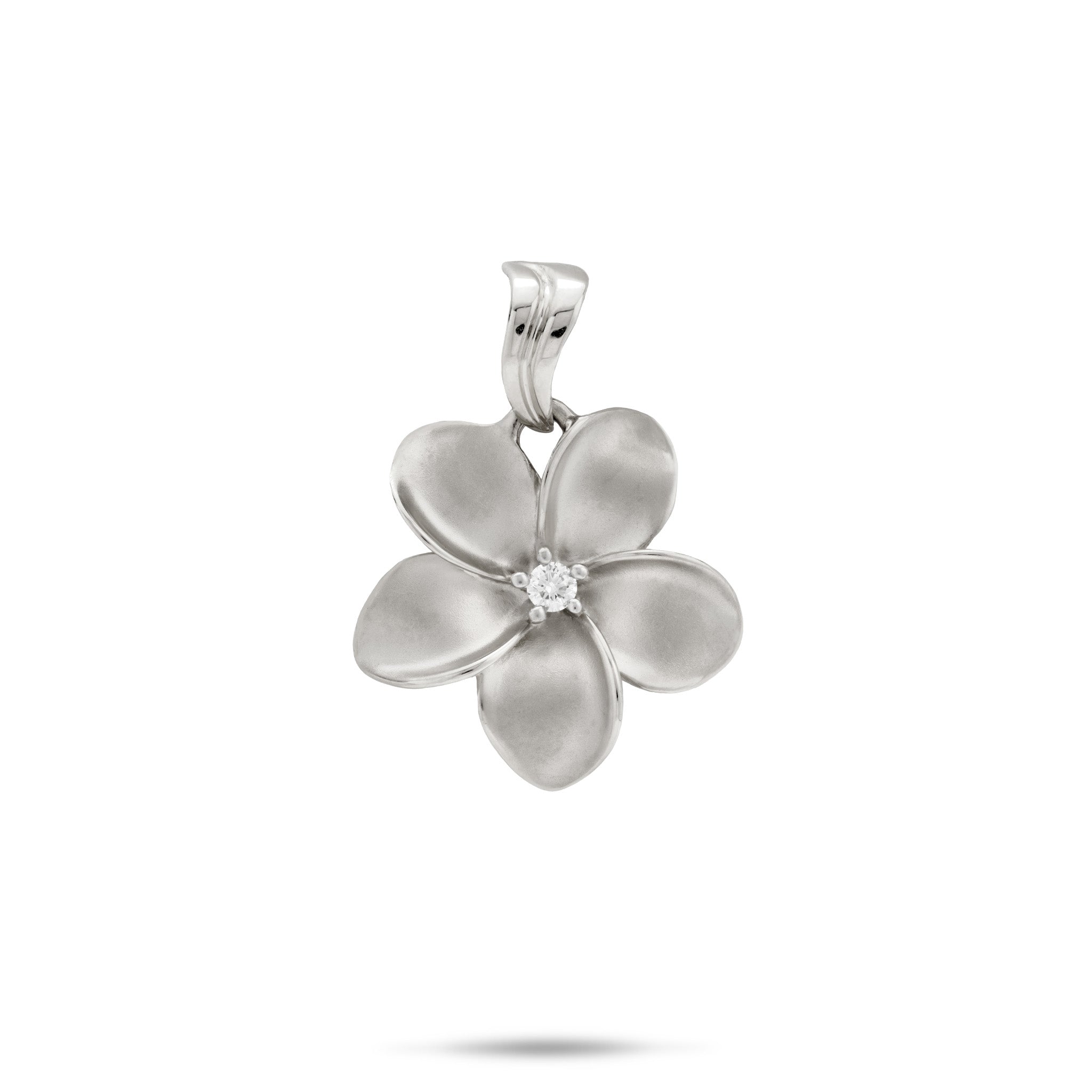 18mm Plumeria Pendant in 14k White Gold with center diamond on a white background