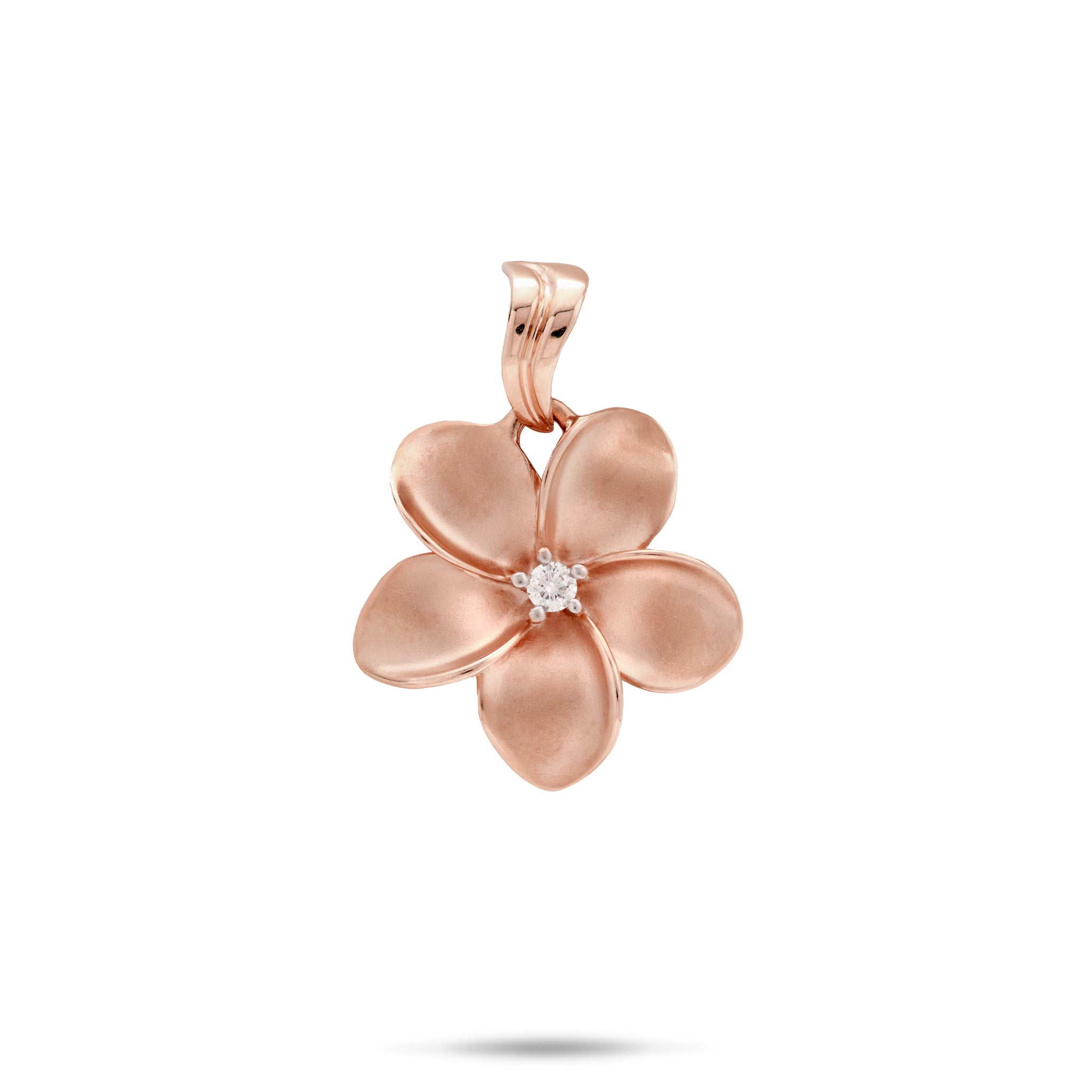 18mm Plumeria Pendant in 14k Rose Gold with center diamond on a white background