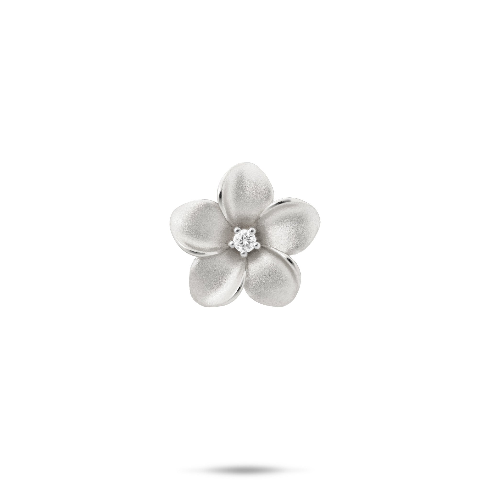 16mm Satin Finish Plumeria Pendant with Diamond Center in 14k White Gold on White Background
