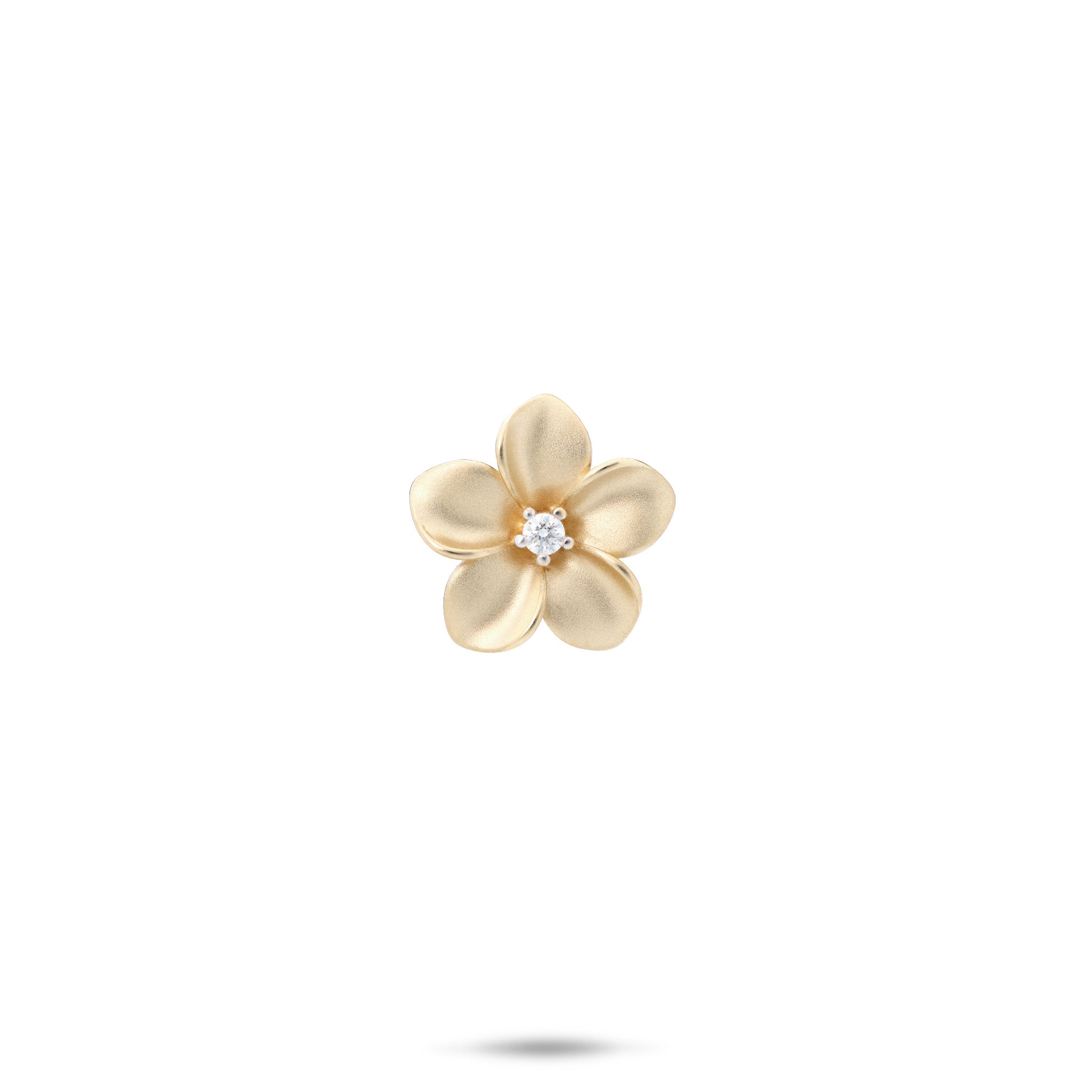 13mm Satin Finish Plumeria Pendant with Diamond Center in 14k Yellow Gold on White Background