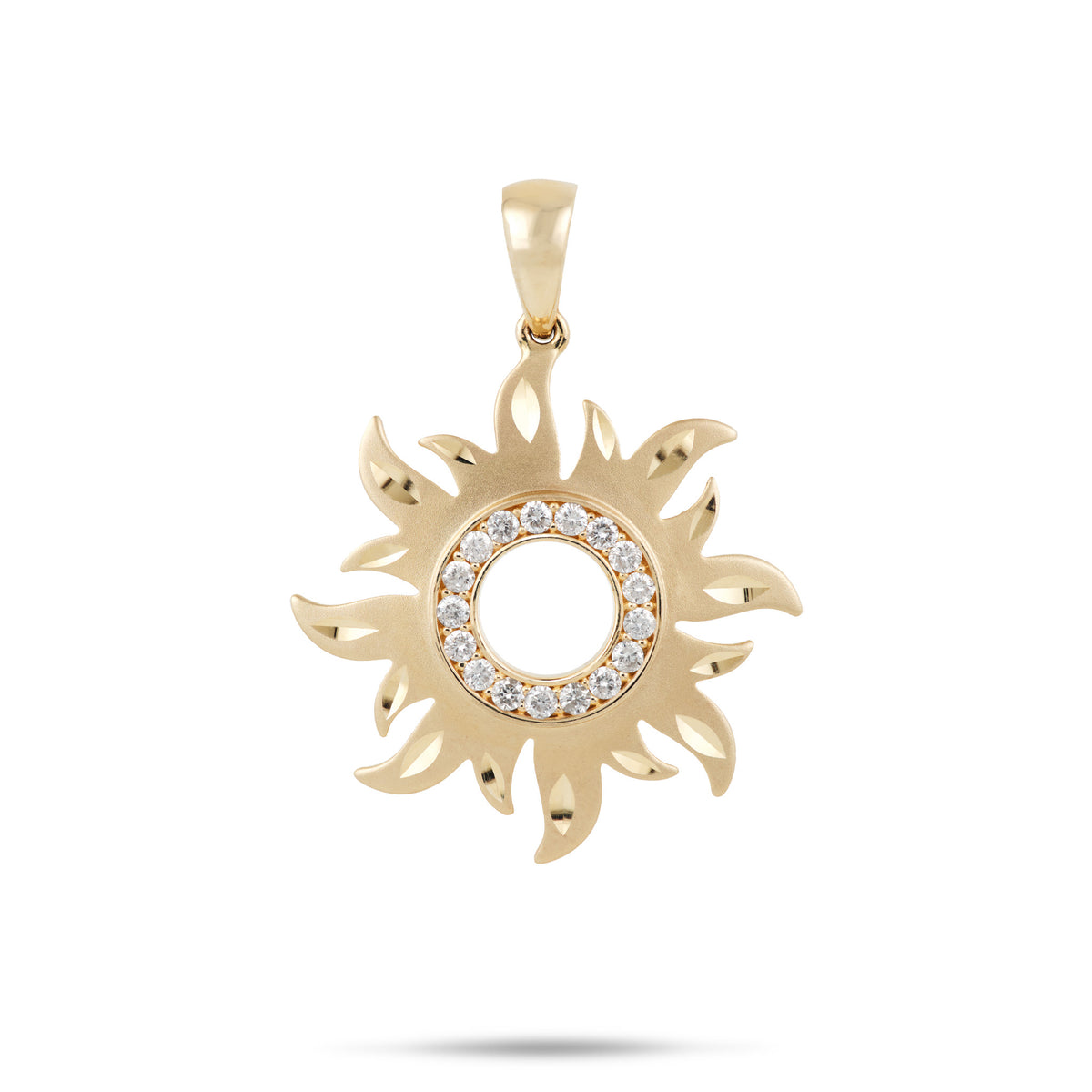 A 14k yellow gold sun pendant with flared diamond-cut edges and a cut-out center with a diamond halo around it, shown on a white background