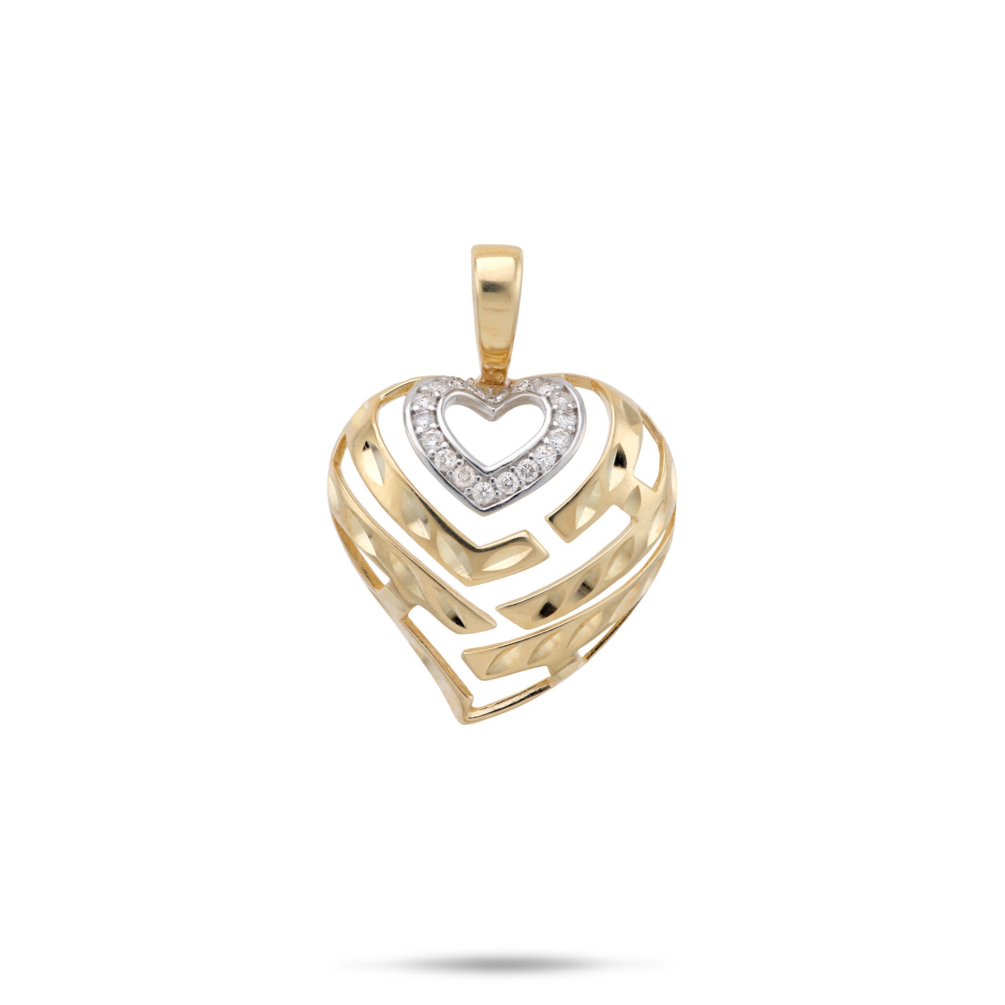 18mm Diamond-cut Aloha Heart Pendant in 14k Yellow Gold and White Gold Heart Accent