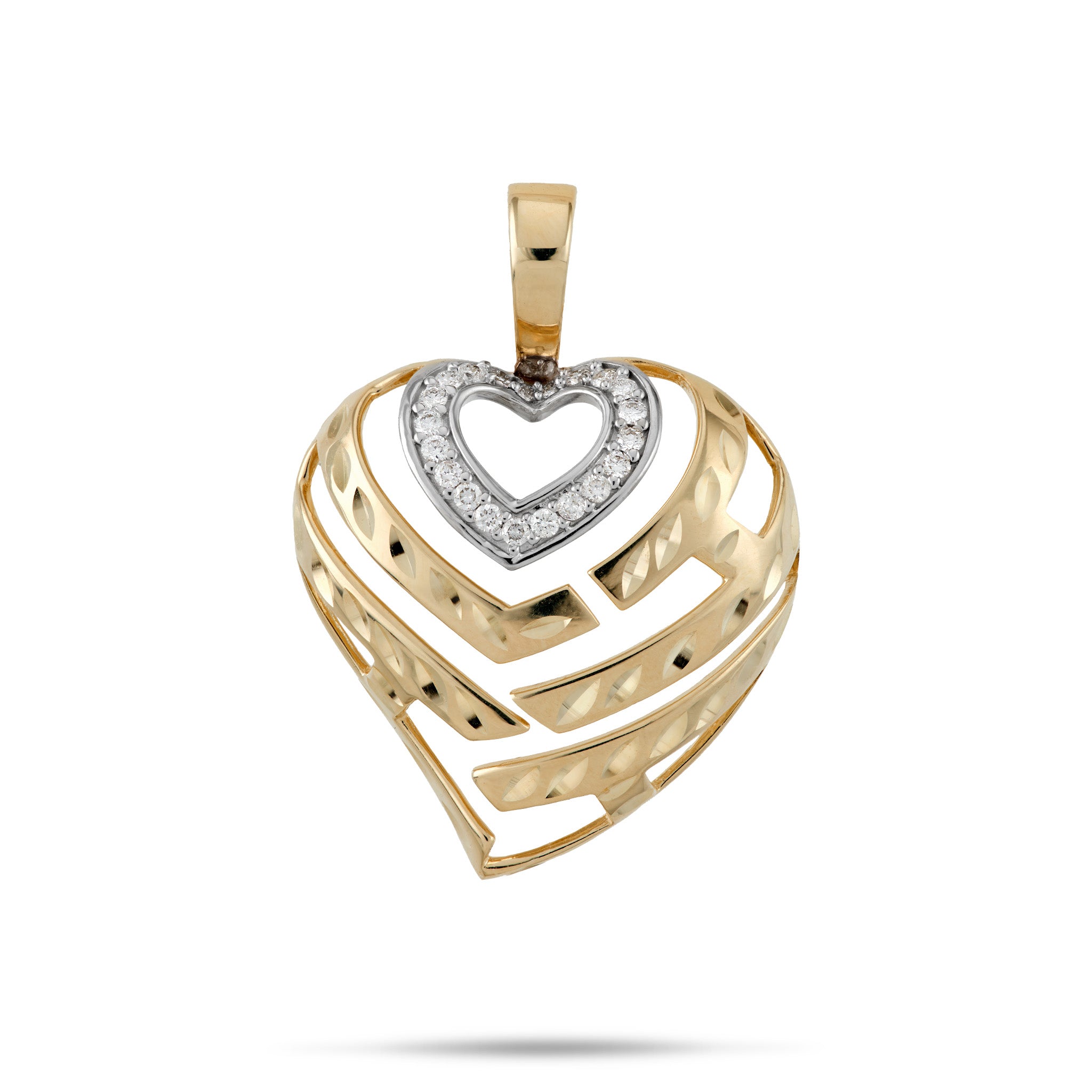 24 Diamond-cut Aloha Heart Pendant in 14k Yellow Gold and a White Gold Heart Accent with Diamonds