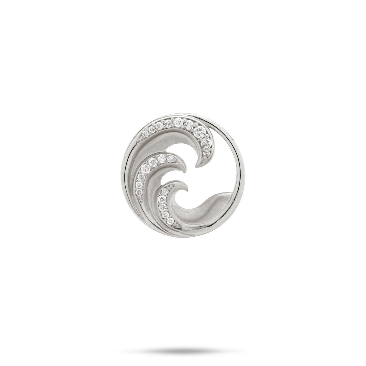 A 18mm round high polish frame pendant in 14k White Gold with a Triple Wave design in a satin finish, each wave accented with a row of diamonds, against a white background