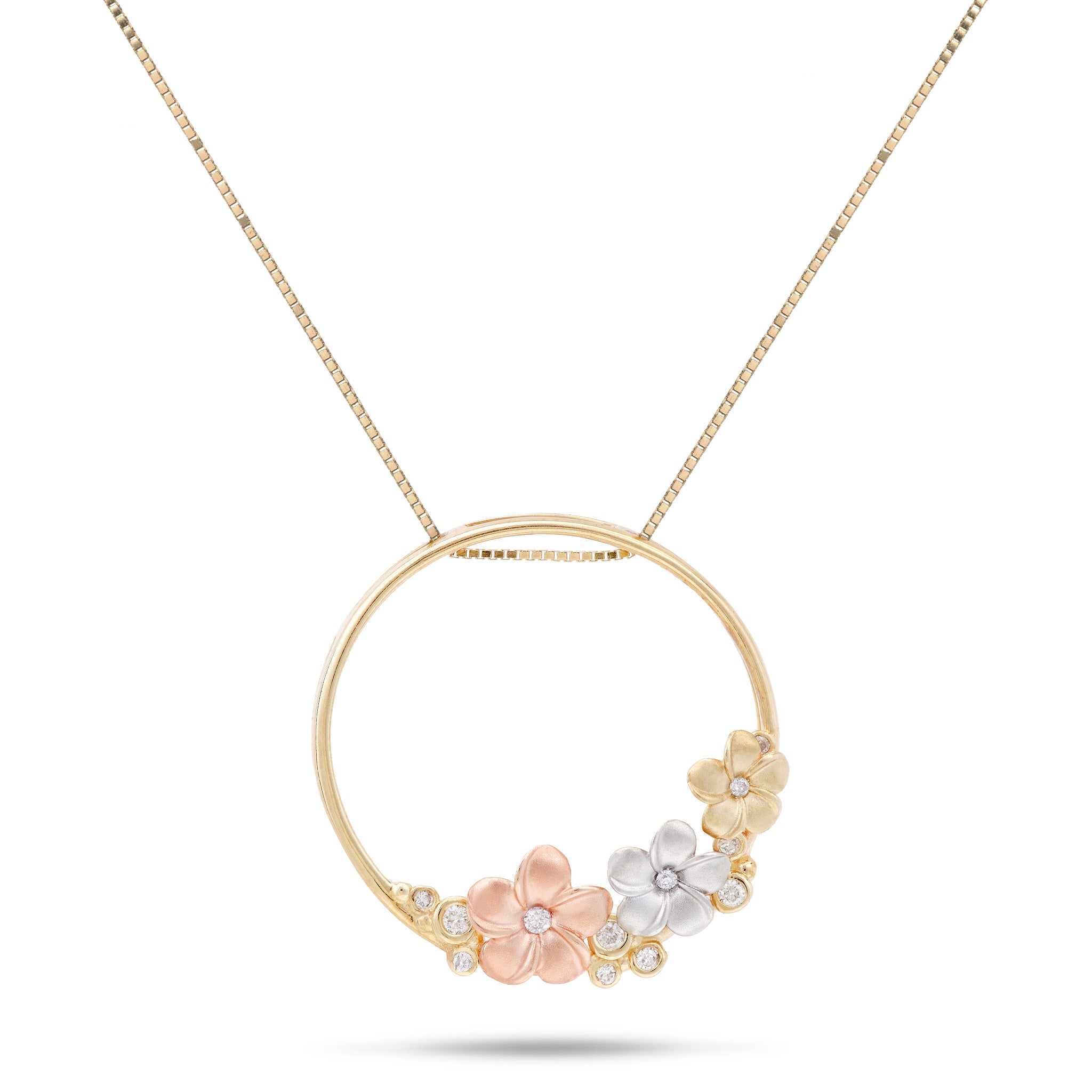 22mm Circle pendant with plumeria and diamond accents in Tri Color Gold on a 16" box chain