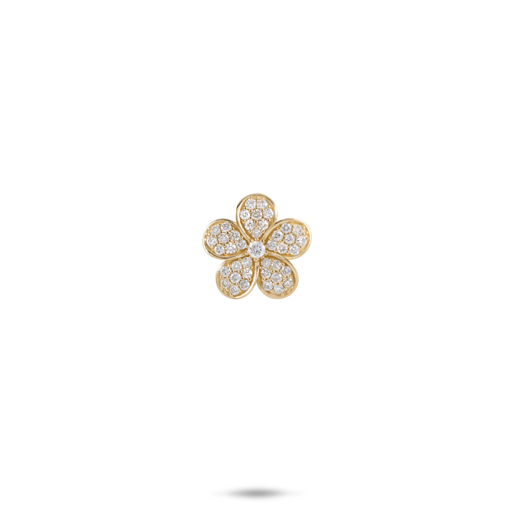 Gold plumeria flower-shaped pendant with diamond gemstones on a white background