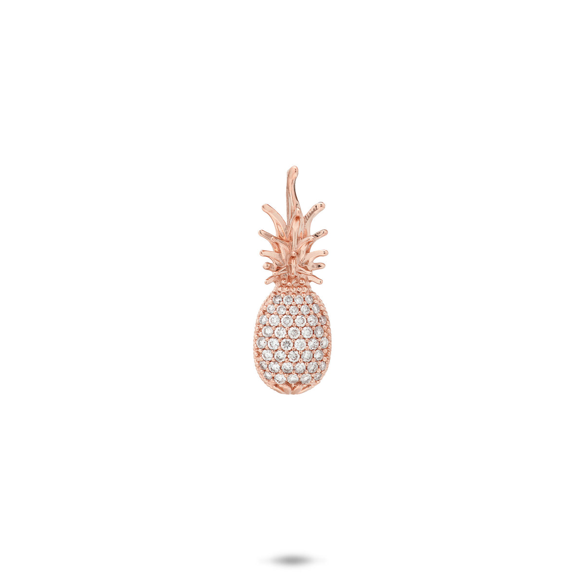 20mm Pineapple Pendant in 14k rose Gold with pave set Diamonds on the bottom of the pineapple against a white background