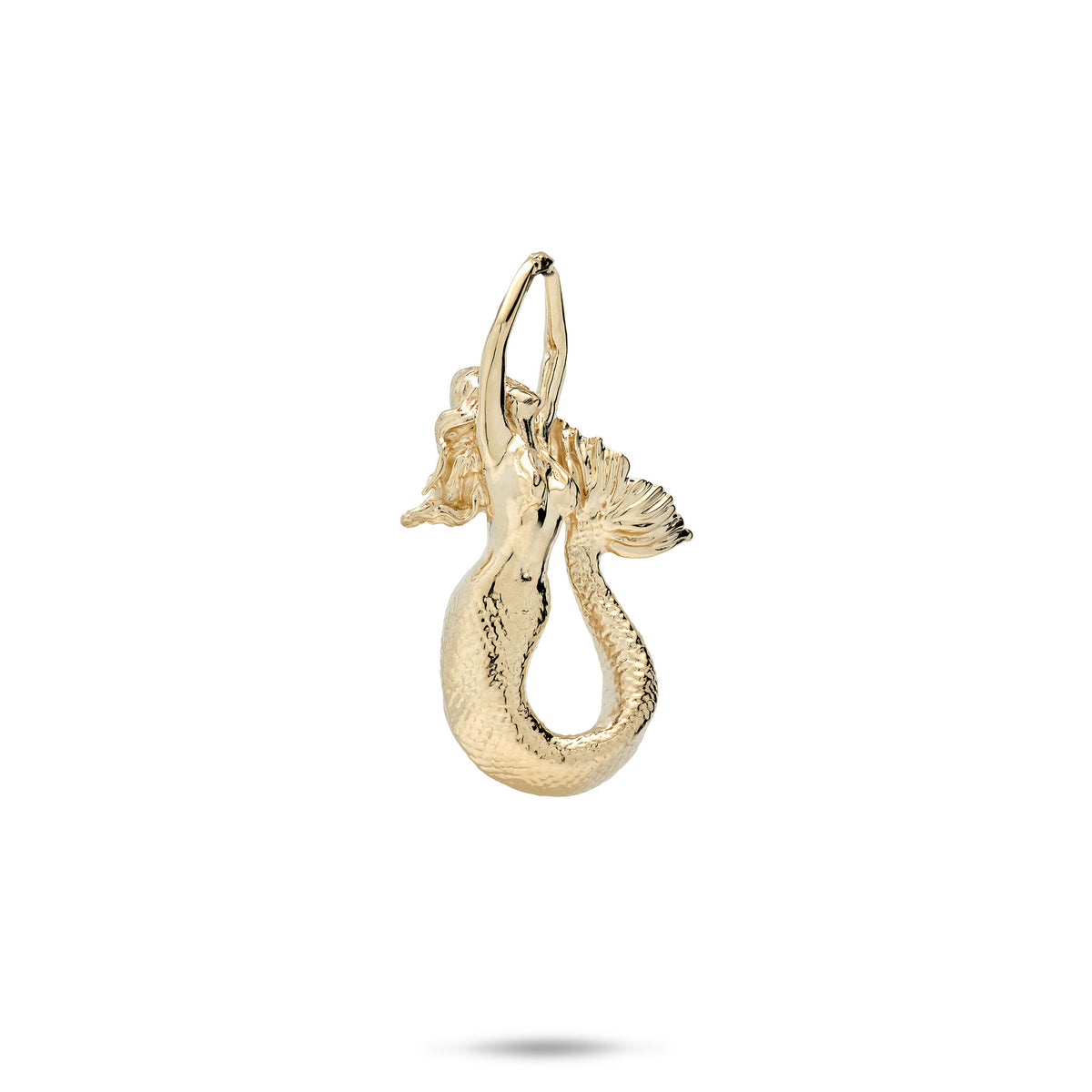A 14k yellow gold high-polish mermaid pendant with her arms reaching out to form a bail and a tail that curves up to her neck, shown on a white background