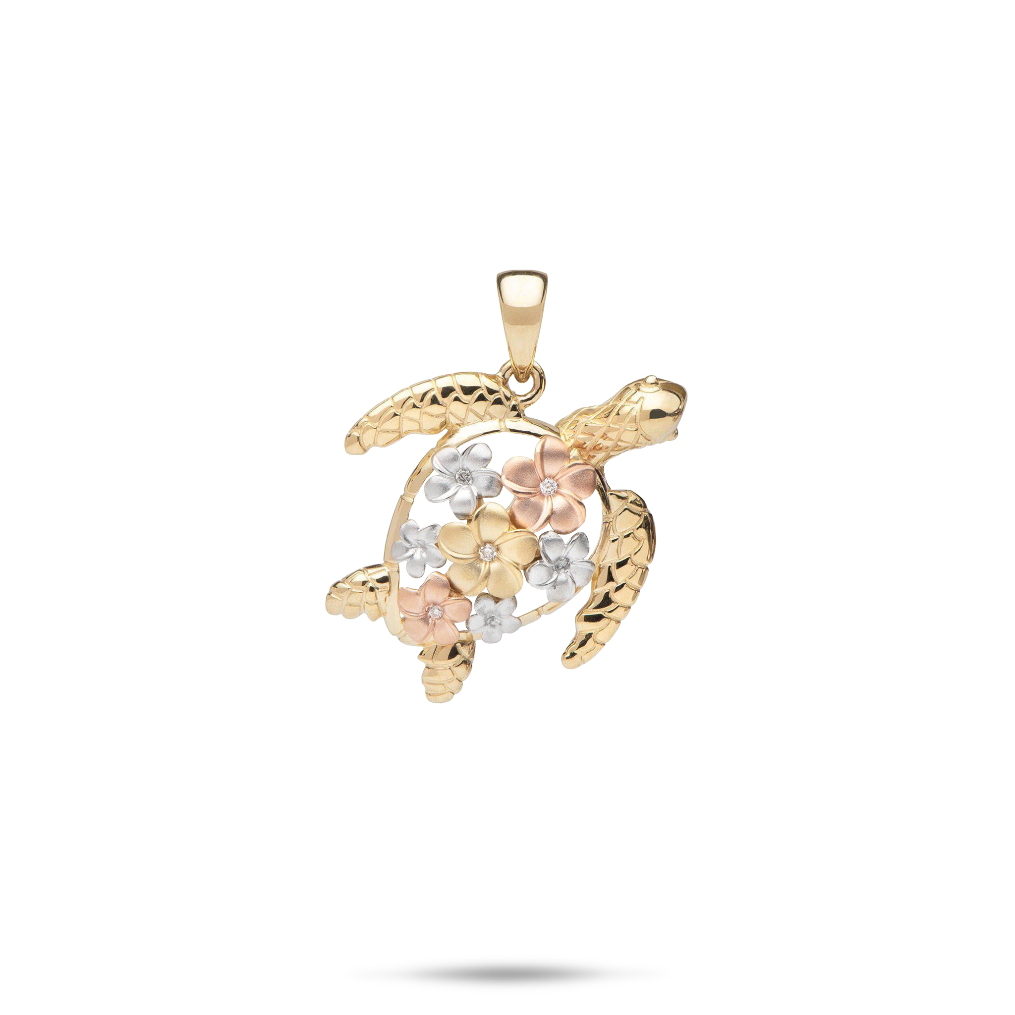 Plumeria Honu (Turtle) Pendant in Tri Color Gold with Diamonds - 18mm