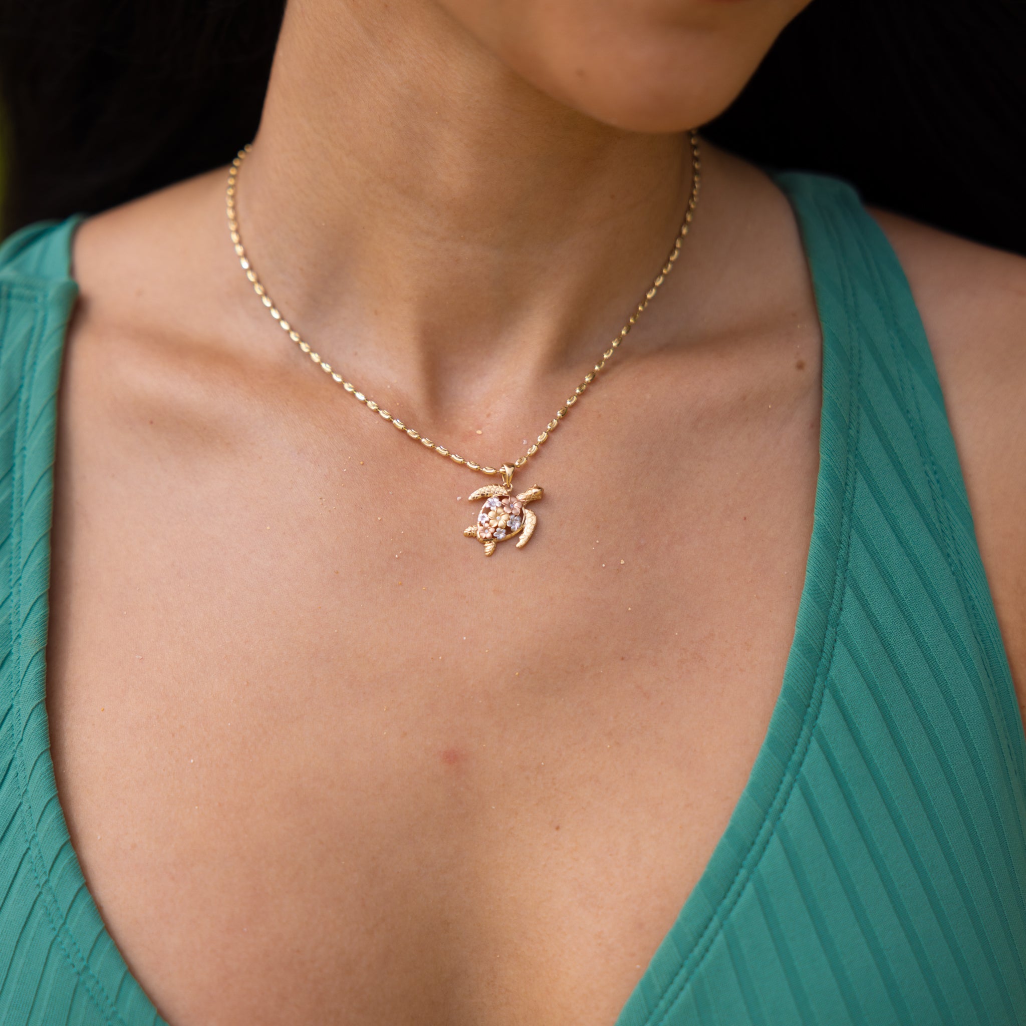 Plumeria Honu (Turtle) Pendant in Tri Color Gold with Diamonds - 18mm