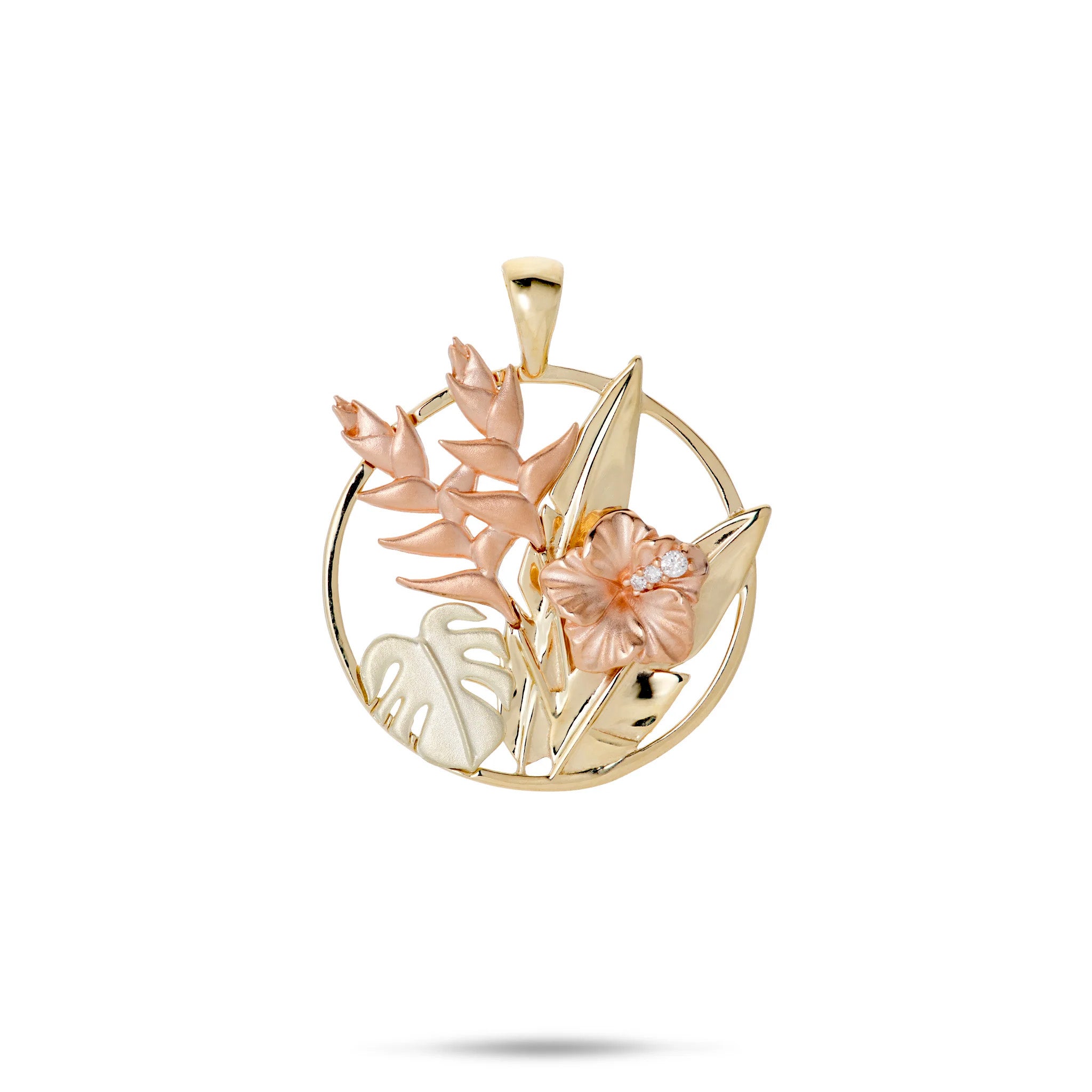 Hawaiian Gardens Hibiscus Pendant in Tri Color Gold with Diamonds