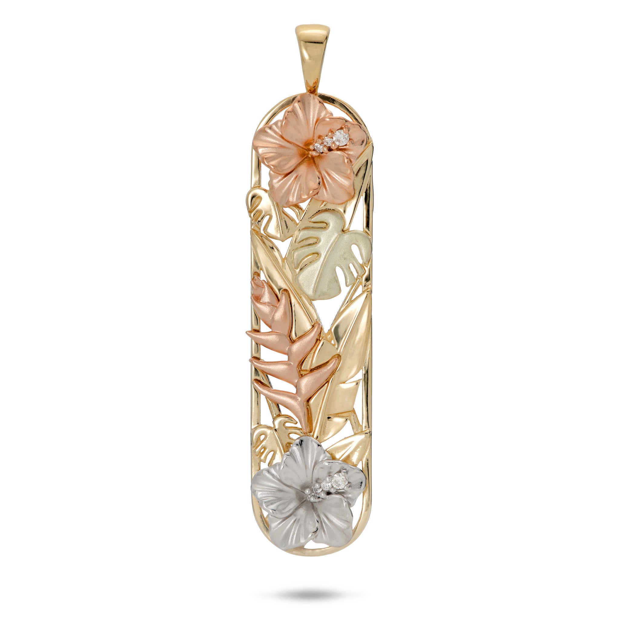 Hawaiian Gardens Hibiscus Pendant in Multi Color Gold with Diamonds