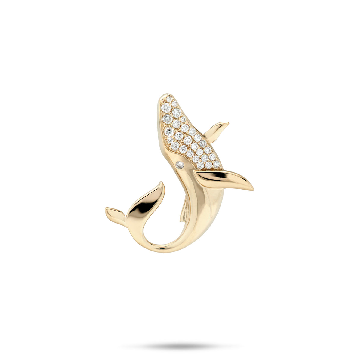 A 14k. yellow gold humpback whale pendant with a high-polish finish, diamond eye, and diamond belly, shown on a white background