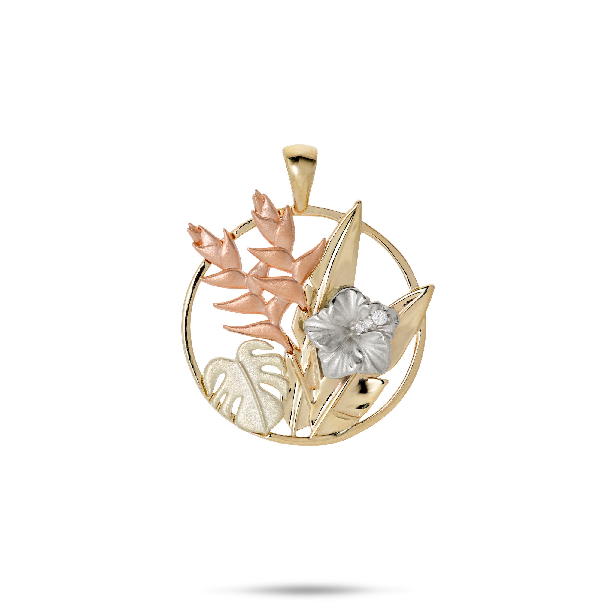 Hawaiian Gardens Hibiscus Pendant in Multi Color Gold with Diamonds
