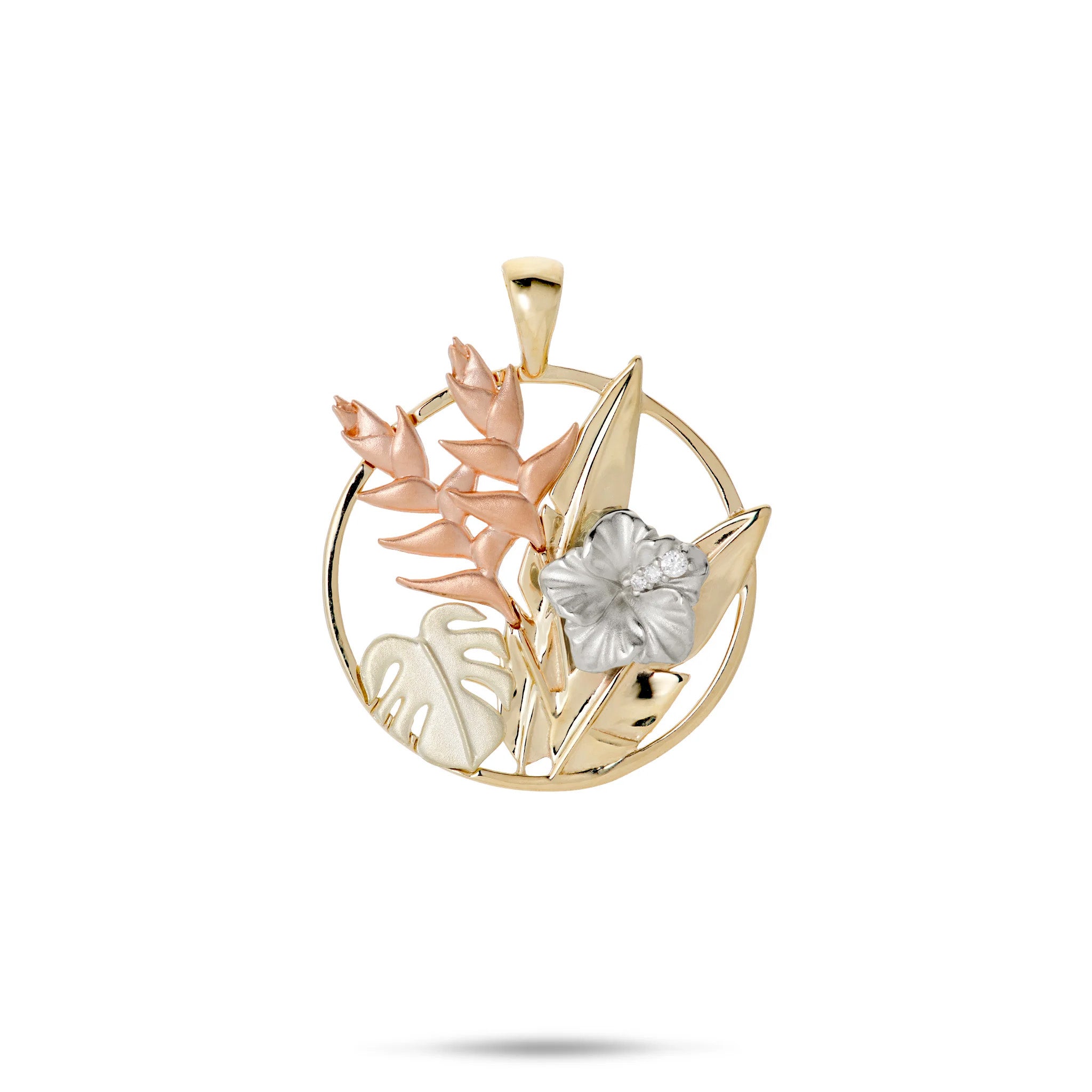 Hawaiian Gardens Hibiscus Pendant in Multi Color Gold with Diamonds