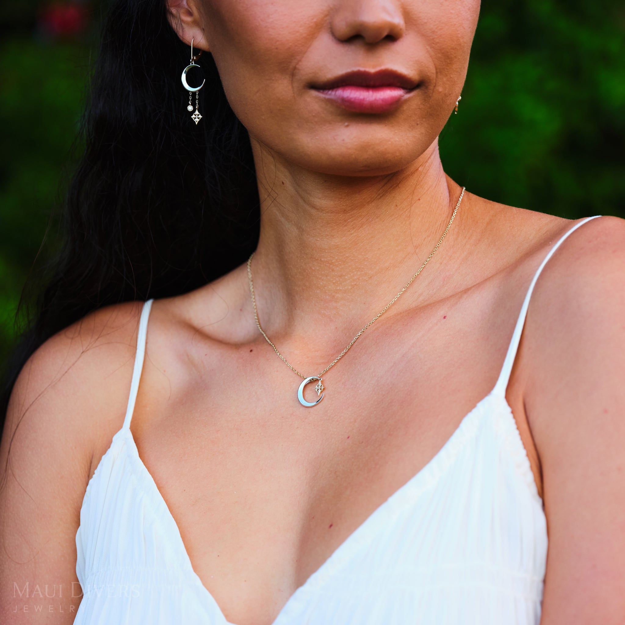 Hawaiian Quilted Star and Moon Pendant in Two Tone Gold with Diamond - 18mm