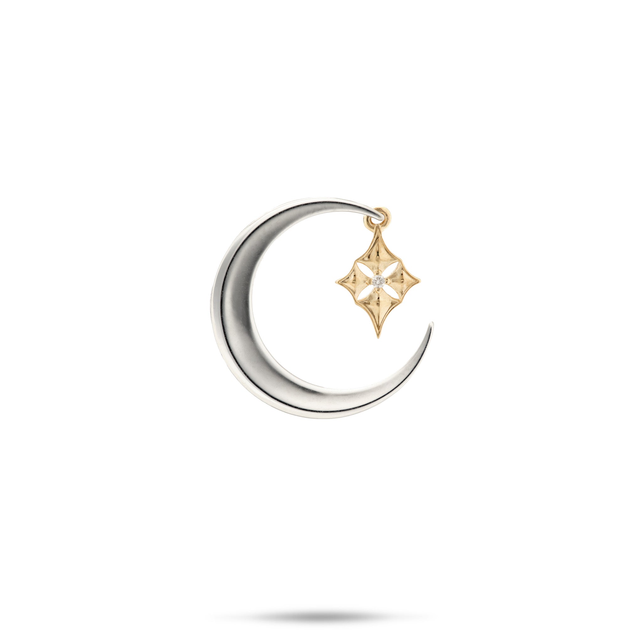 18mm Hawaiian Quilted Star and Moon Pendant in 14k Two Tone Gold with Diamond on a White Background