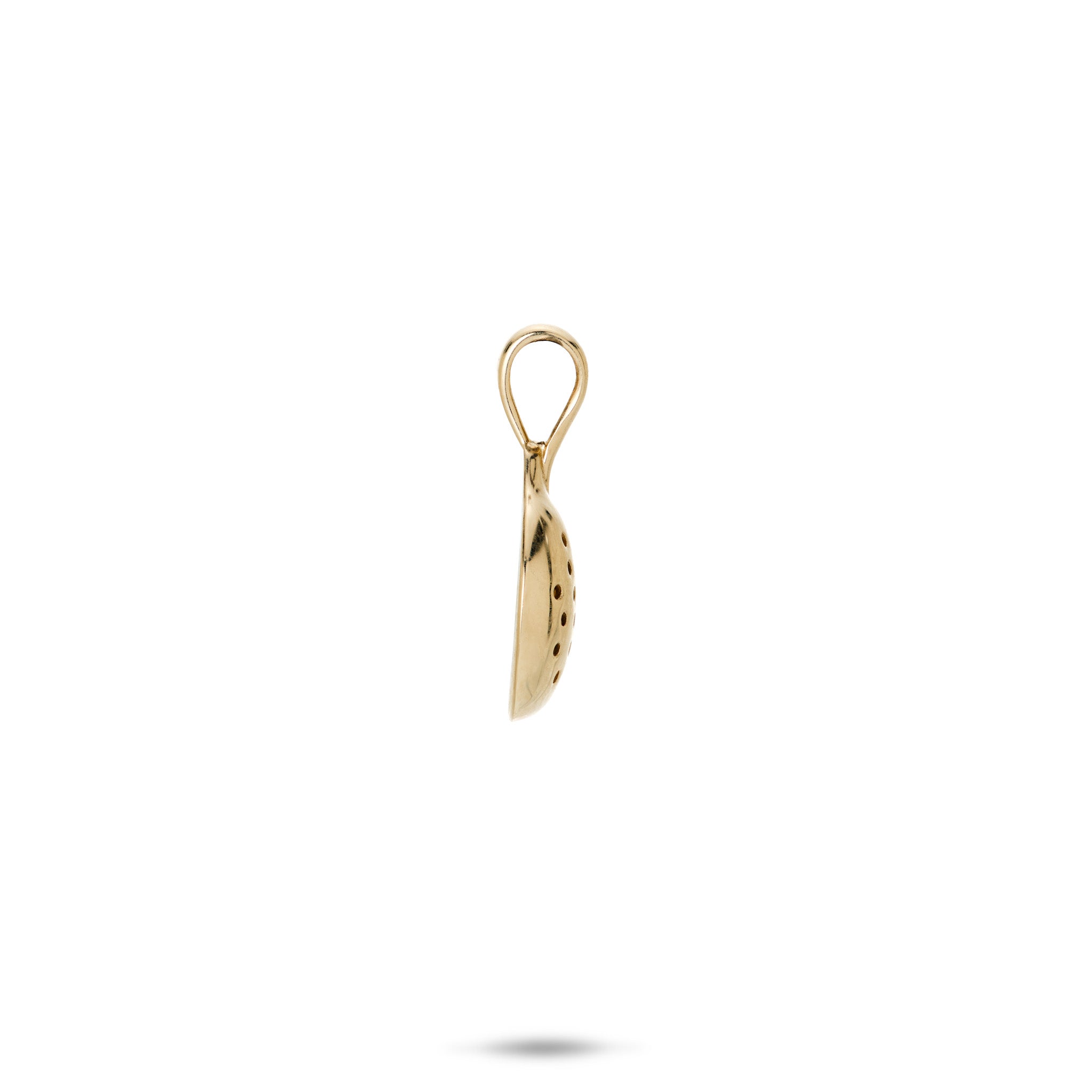 Side view of the 13mm Cute Fruits Papaya Pendant in 14k Yellow Gold with Black Diamonds on a White Background