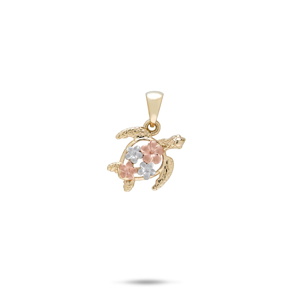 A small 14k yellow gold sea turtle pendant featuring two rose gold and two white gold plumeria, shown on a plain white background.