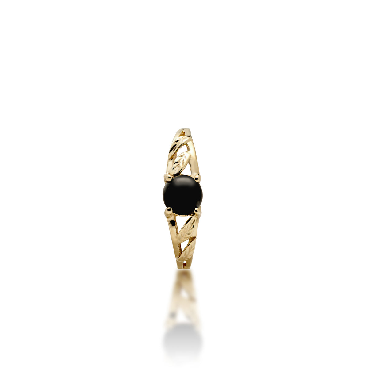A 14k yellow gold ring with a round 5mm Hawaiian black coral gem at the crown and diamond-cut maile leaves on the sides, shown on a white background