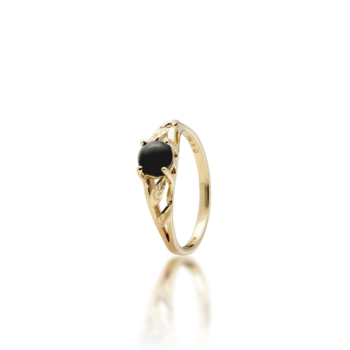 A 14k yellow gold ring with a round 5mm Hawaiian black coral gem at the crown and diamond-cut maile leaves on the sides, shown on a white background