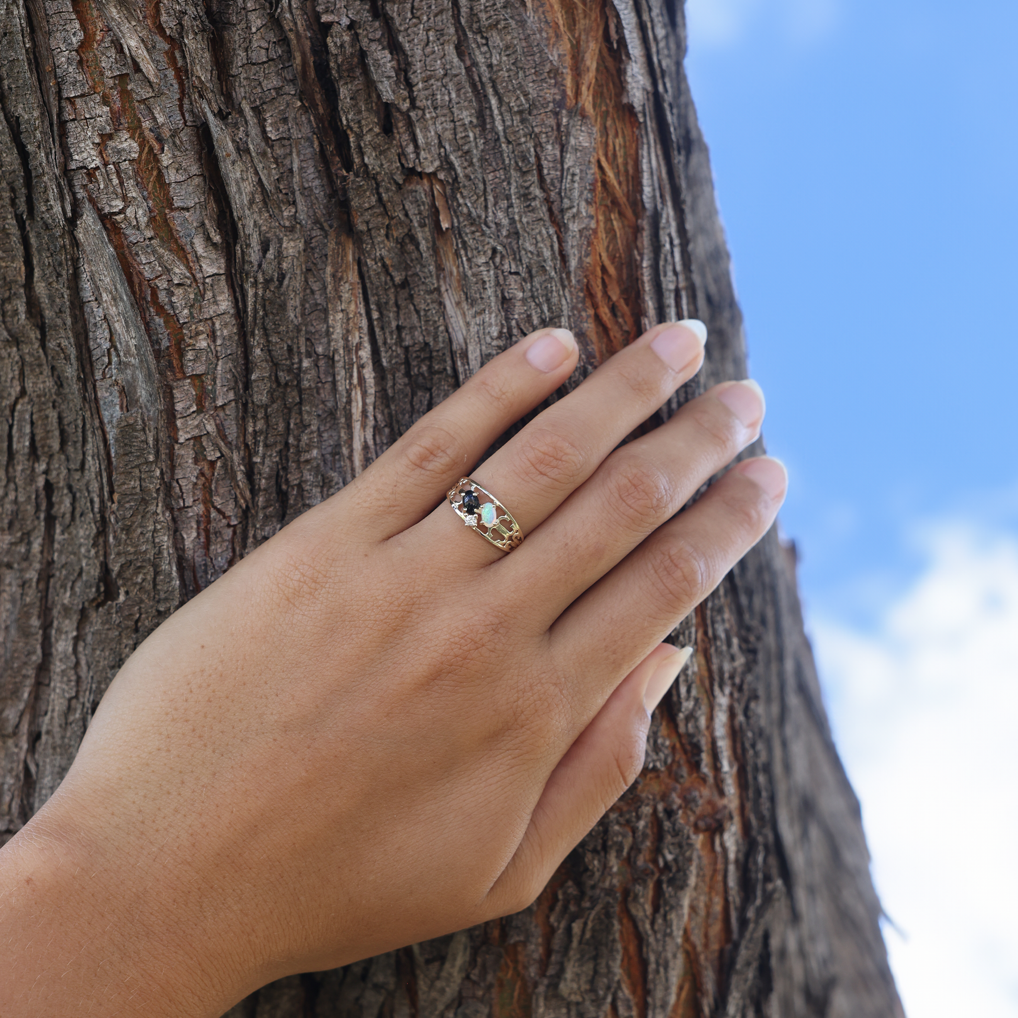Black Coral Ring in Gold with Opal and Diamond